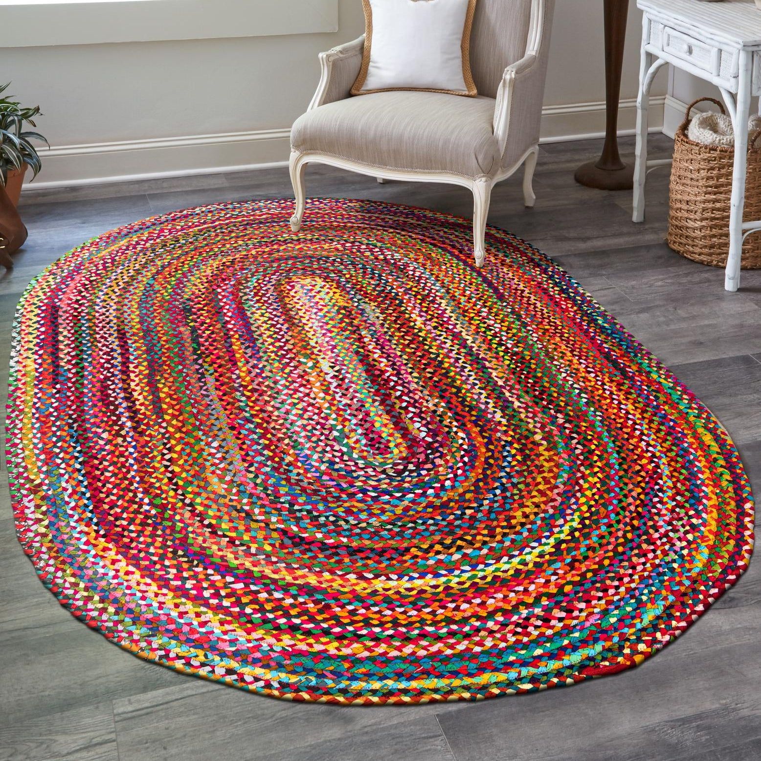 Handmade Multicolor Oval Cotton Braided 4' x 6' Rug