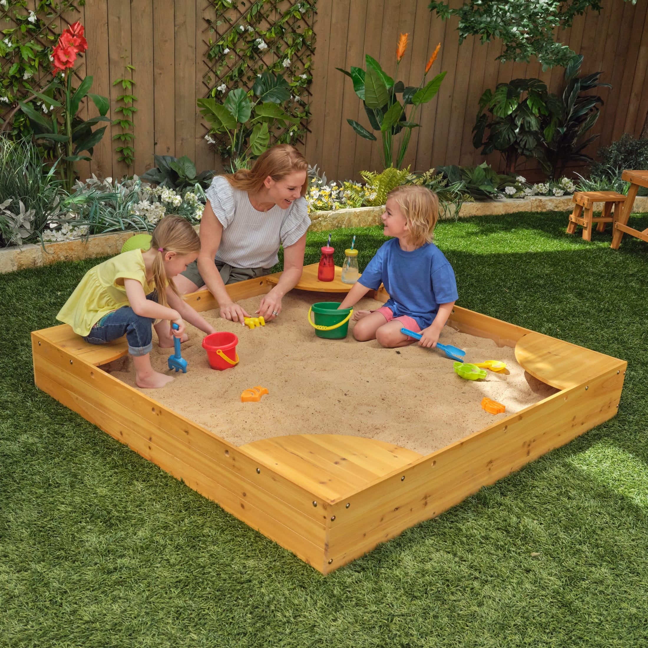 Honey Wood Square Sandbox with Built-in Seating and Mesh Cover