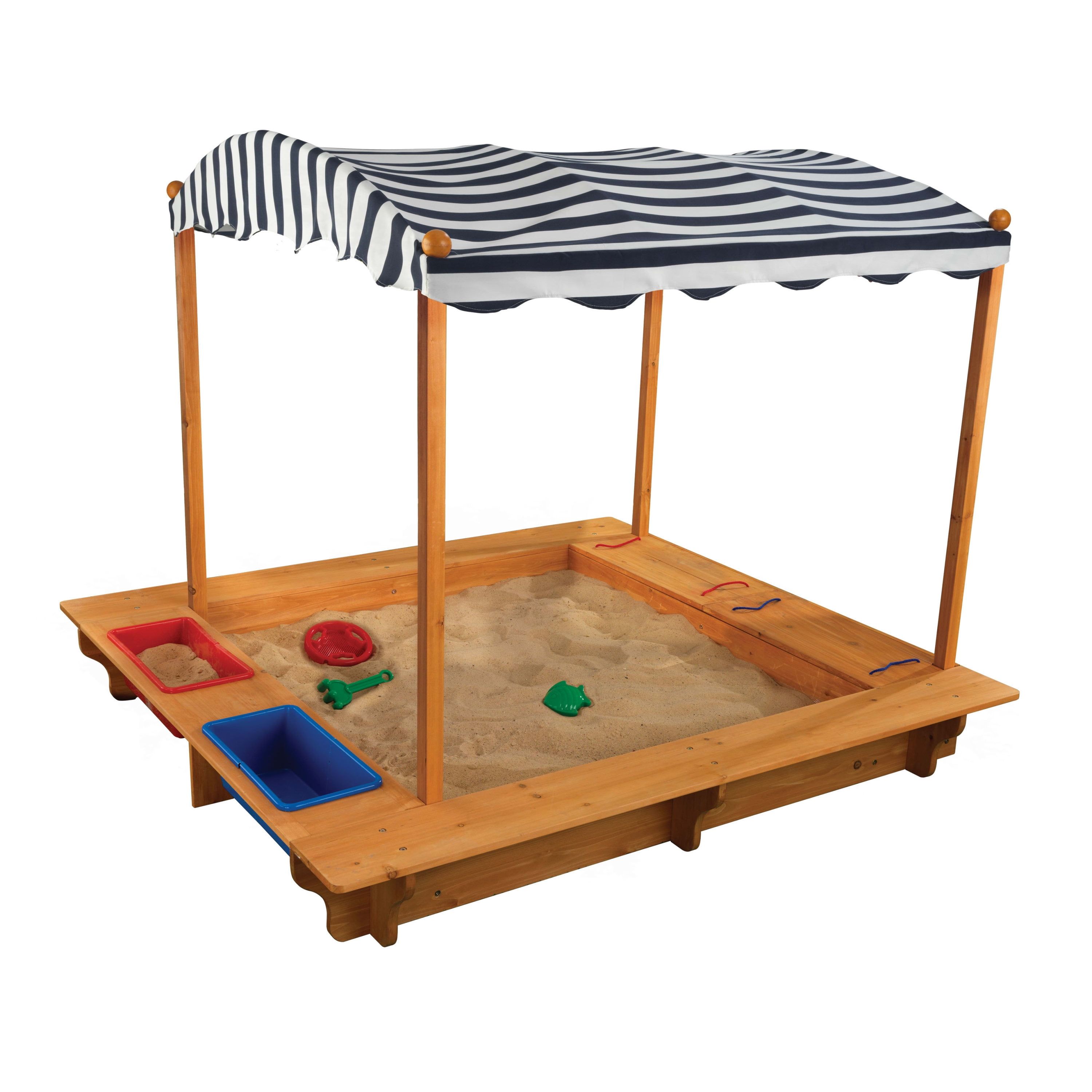 Outdoor Wooden Sandbox with Navy and White Striped Canopy