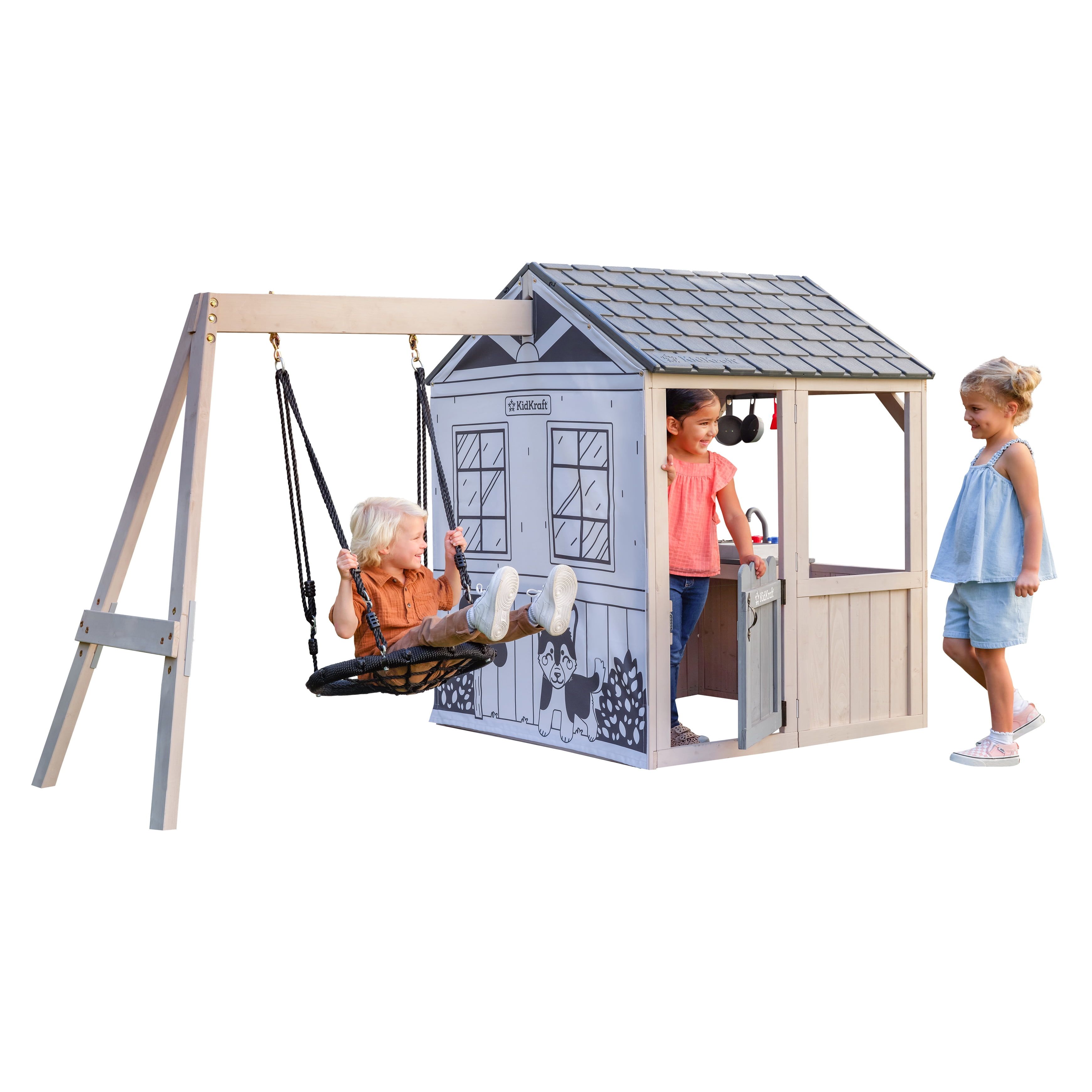 KidKraft Savannah Swing Wooden Outdoor Playhouse with Web Swing and Kitchen