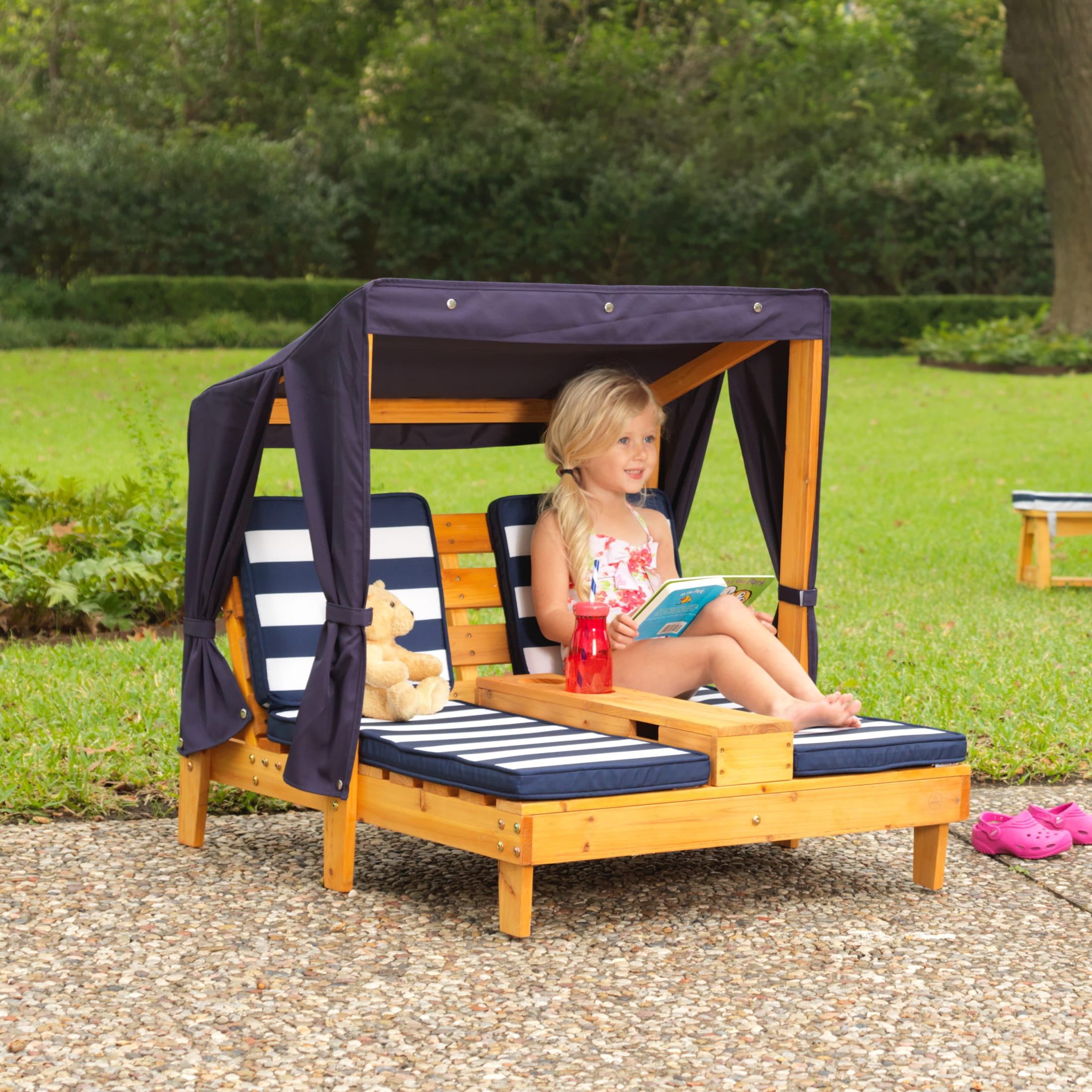 Honey & Navy Solid Wood Double Chaise Lounge for Kids with Cup Holders