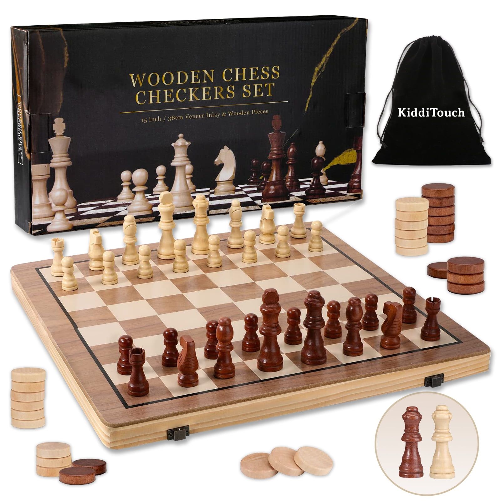 15-Inch Wooden Chess and Checkers Set with Extra Queens