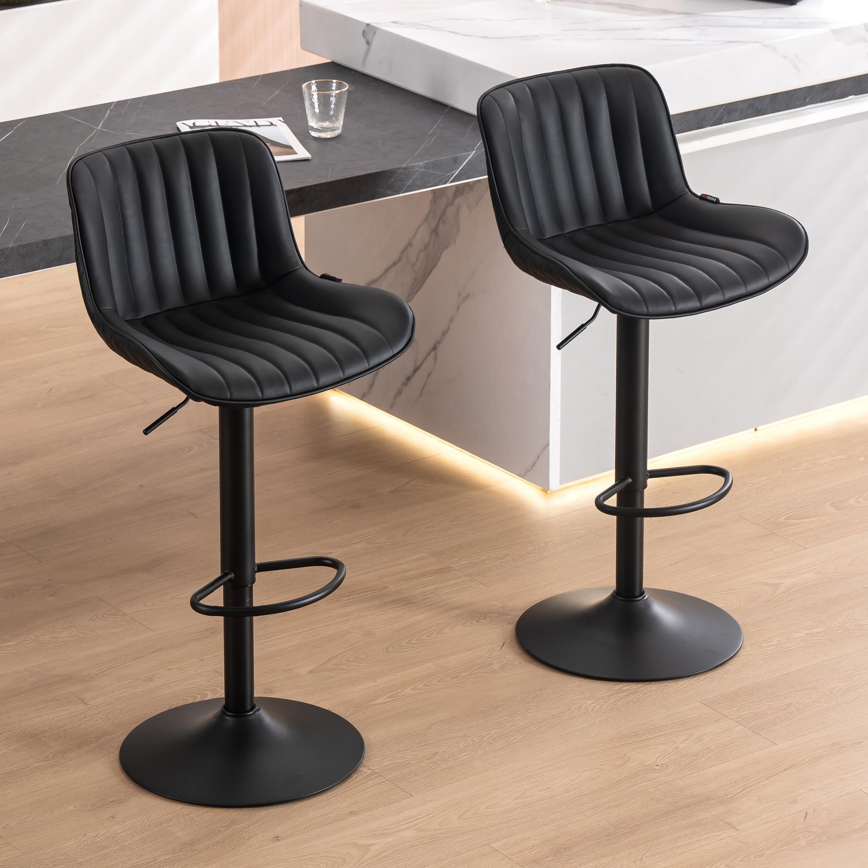 Black Faux Leather Adjustable Swivel Bar Stools Set of 2