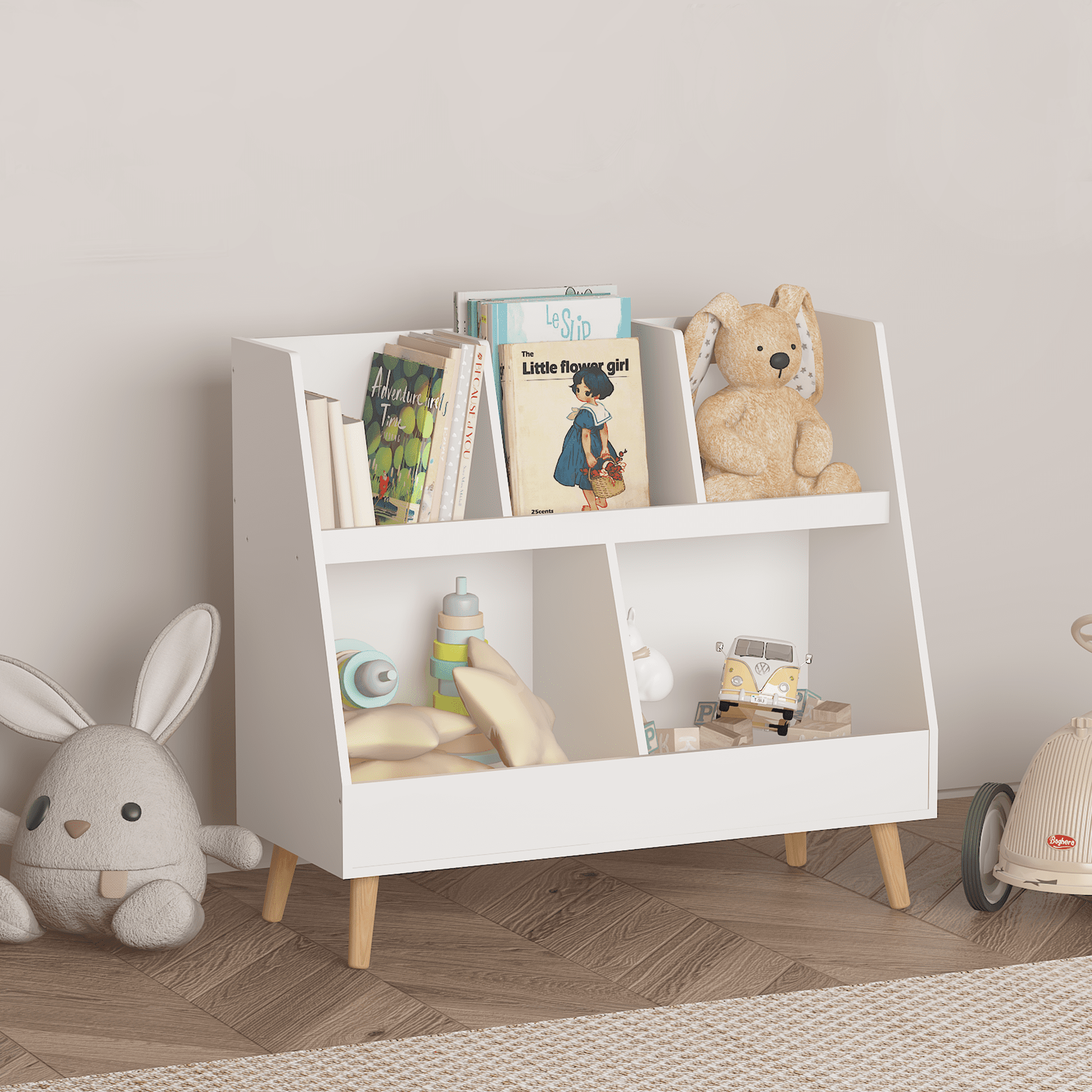 White Wooden Kids Bookshelf and Toy Organizer with Cubbies