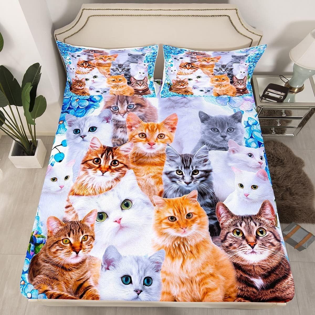 Queen Size Multicolor Microfiber Cat Print Bedding Set