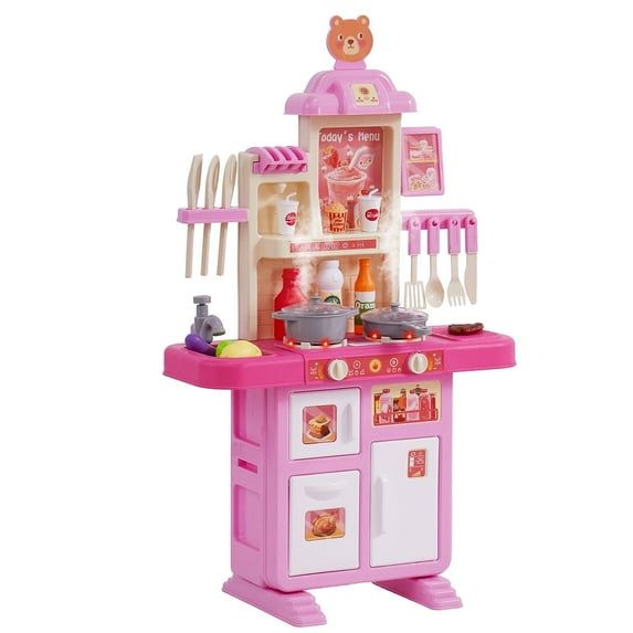 Pink and White Wooden Kids Kitchen Playset with Realistic Accessories