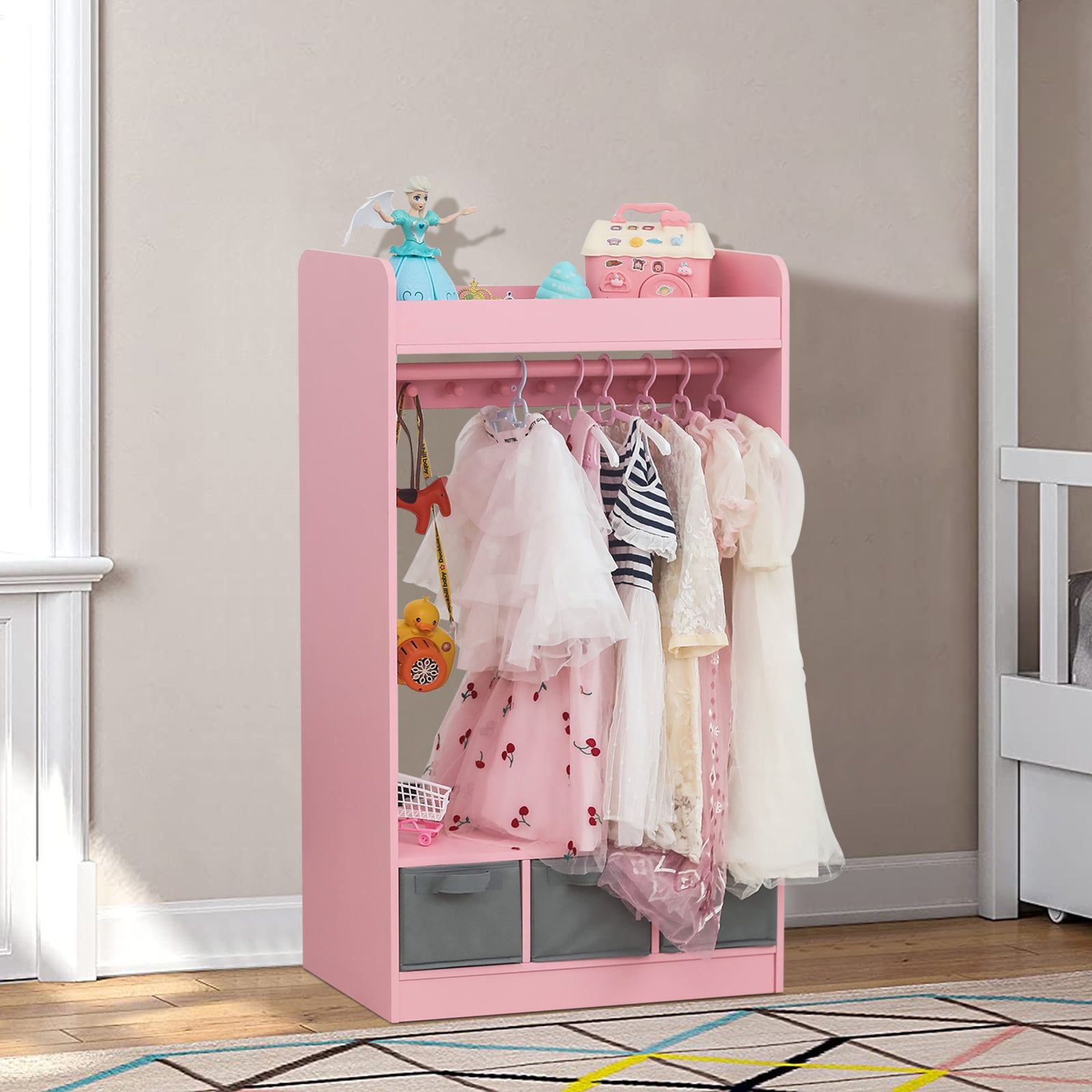 Kids Pink Dress-Up Organizer with Mirror and Storage Bins