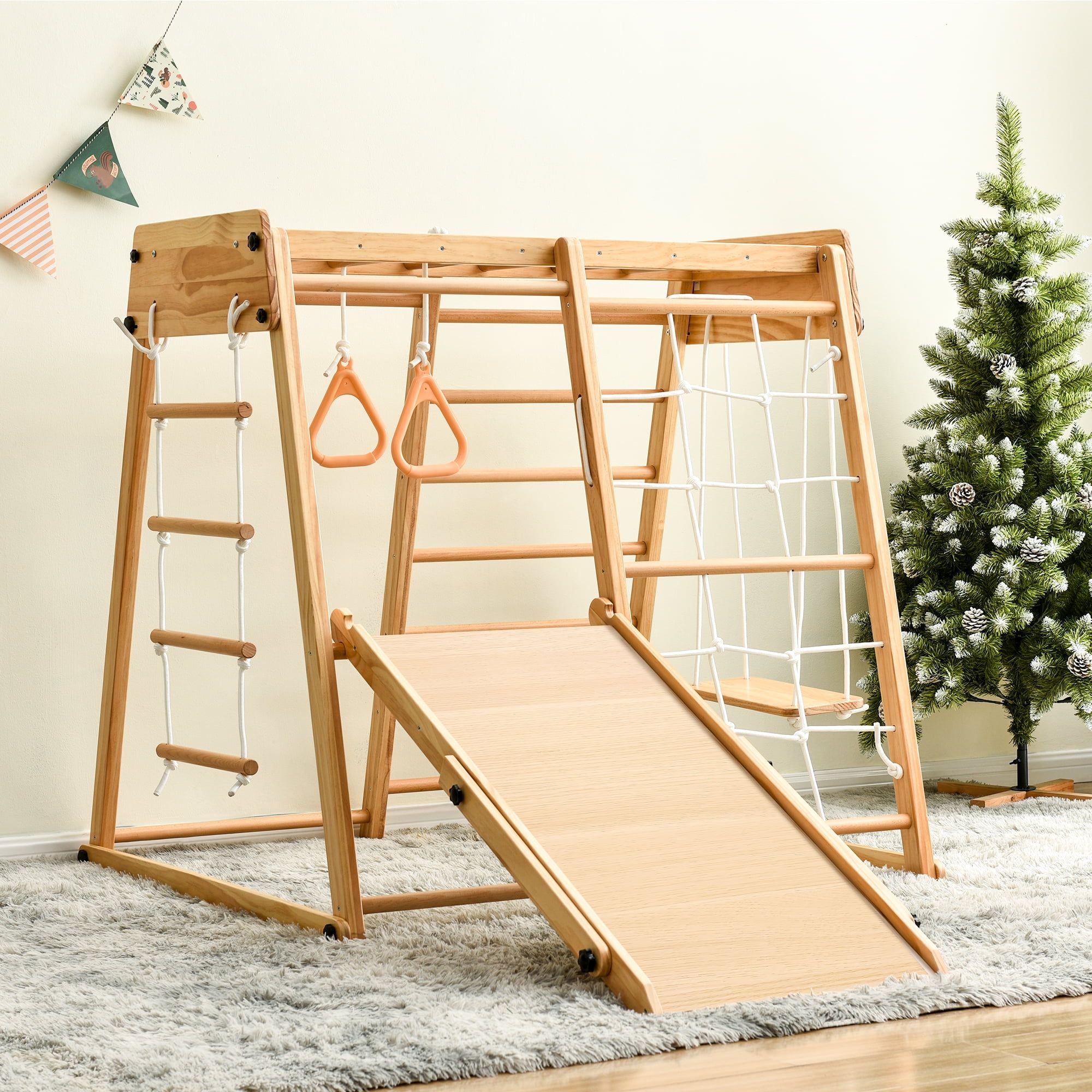 Natural Wood 8-in-1 Indoor Jungle Gym Playset with Slide and Climbing Ladder