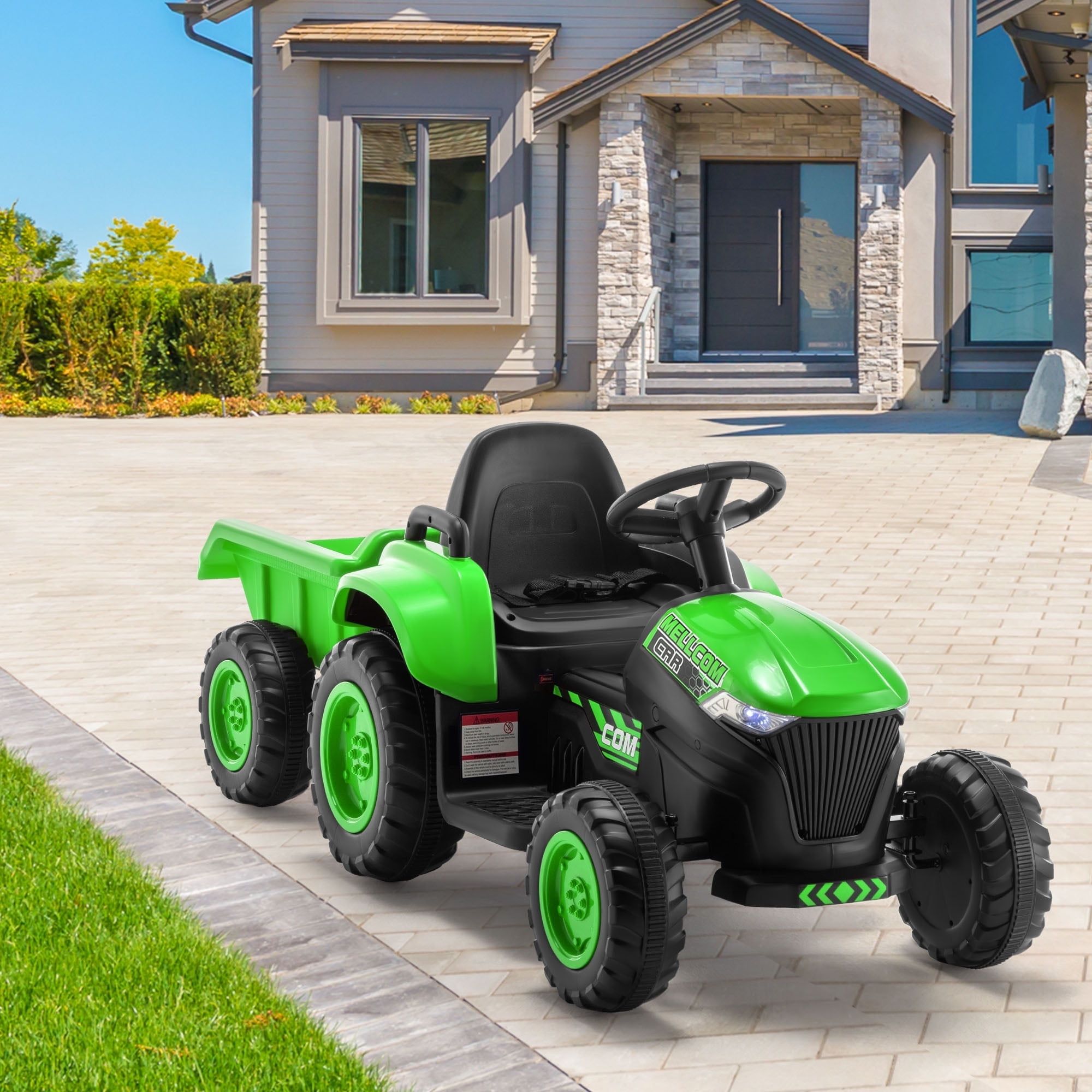 Green 12V Kids Ride-On Tractor with Remote Control and Trailer