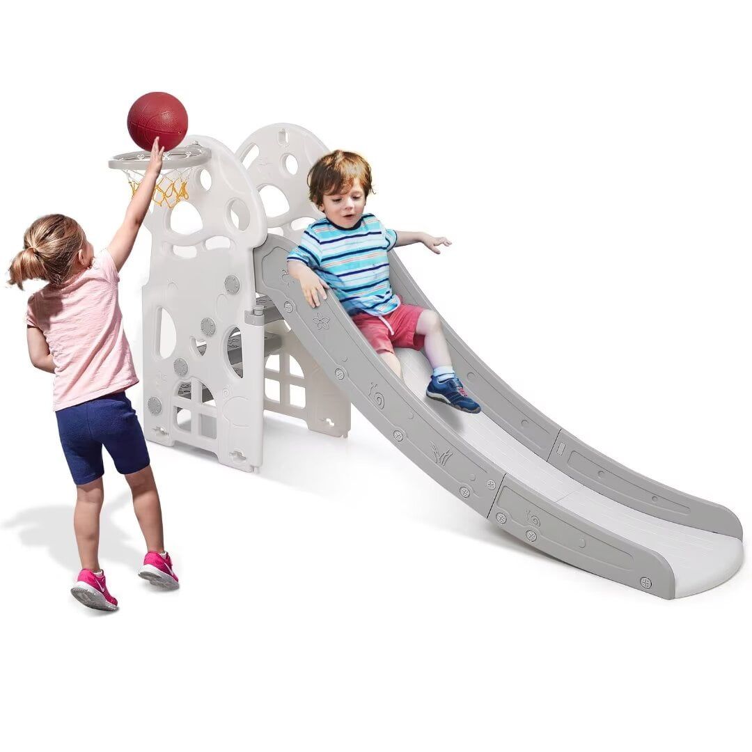 Gray 3-in-1 Toddler Slide with Basketball Hoop