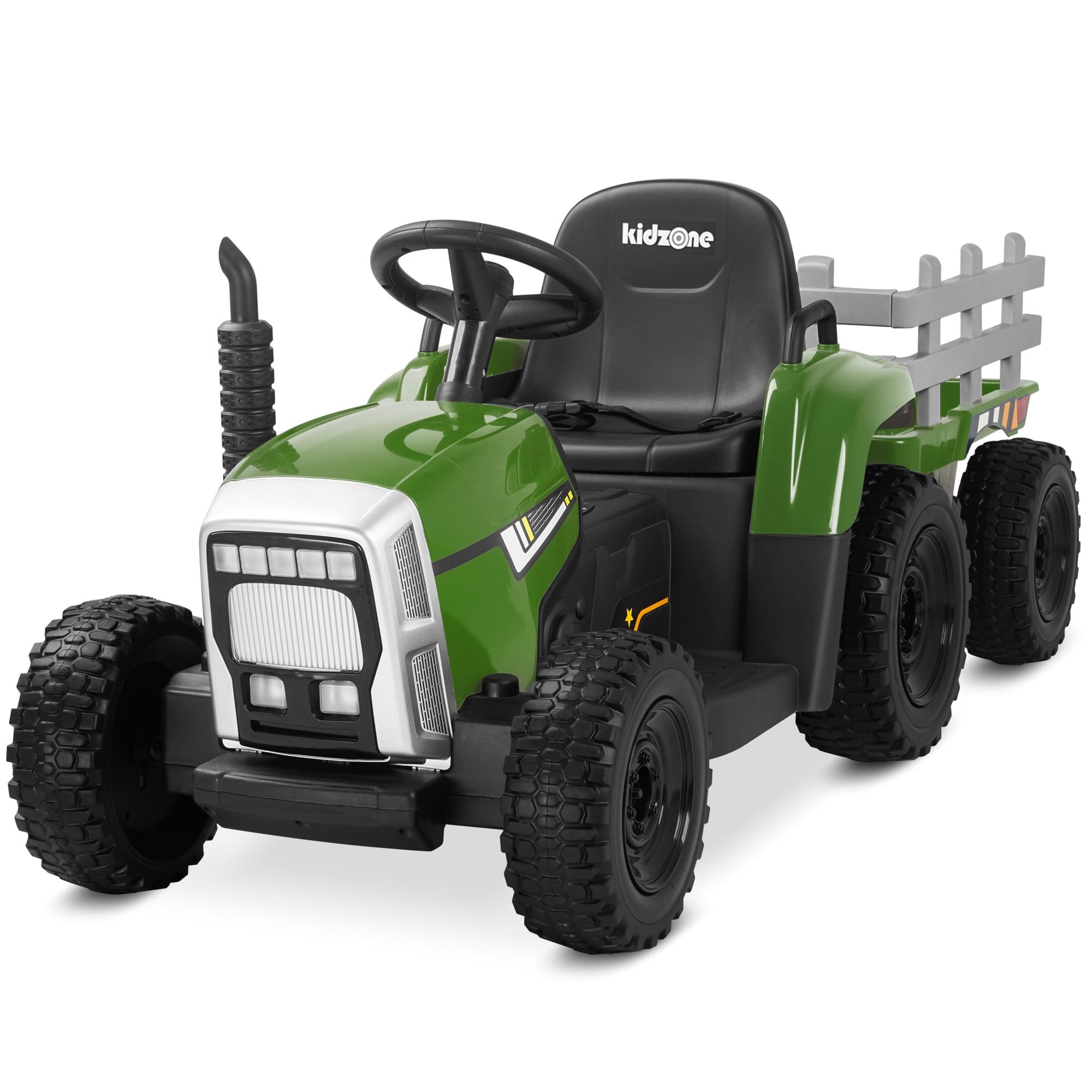 Kidzone Dark Green 12V Electric Tractor with Trailer and EVA Tires