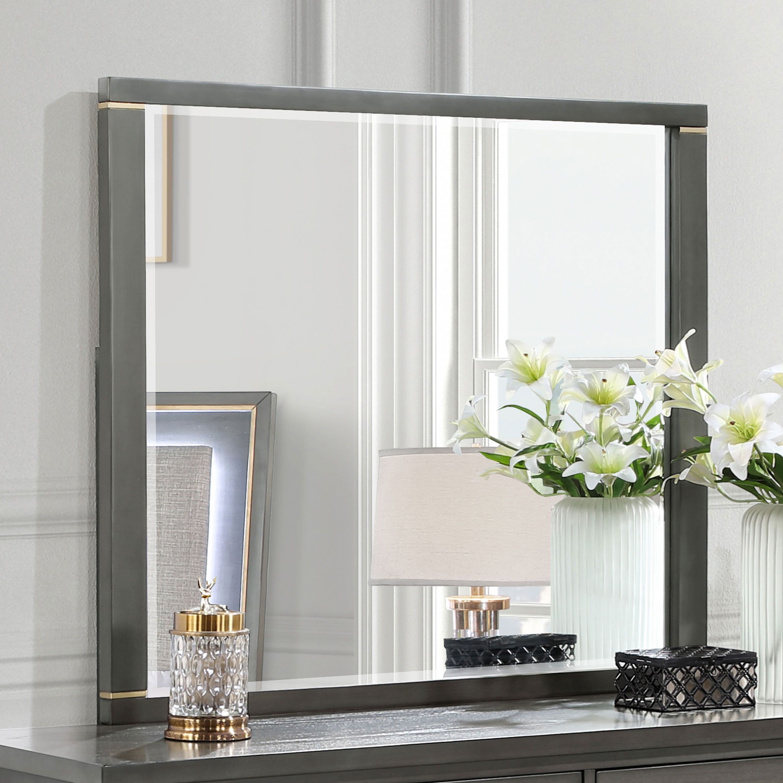 Kieran Transitional Gray Wood Dresser Mirror with Brass Accents