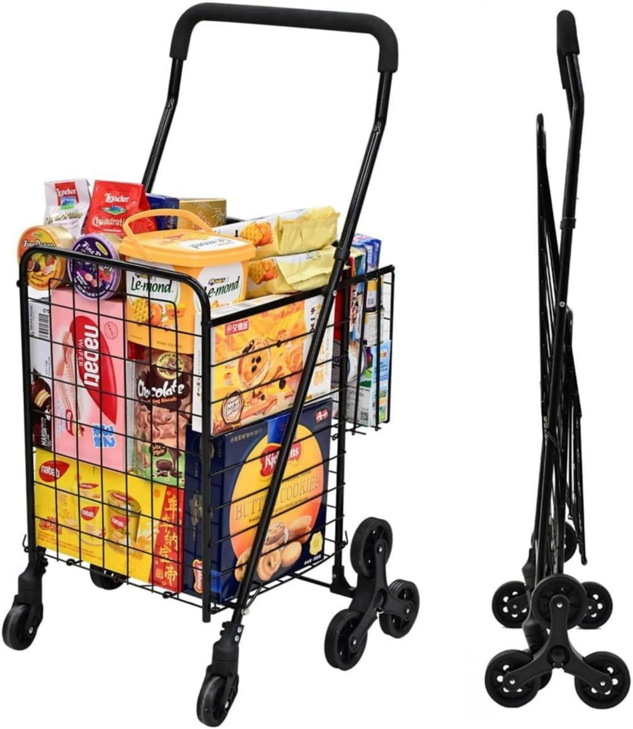 Black Foldable Stair Climbing Shopping Cart with Adjustable Handle