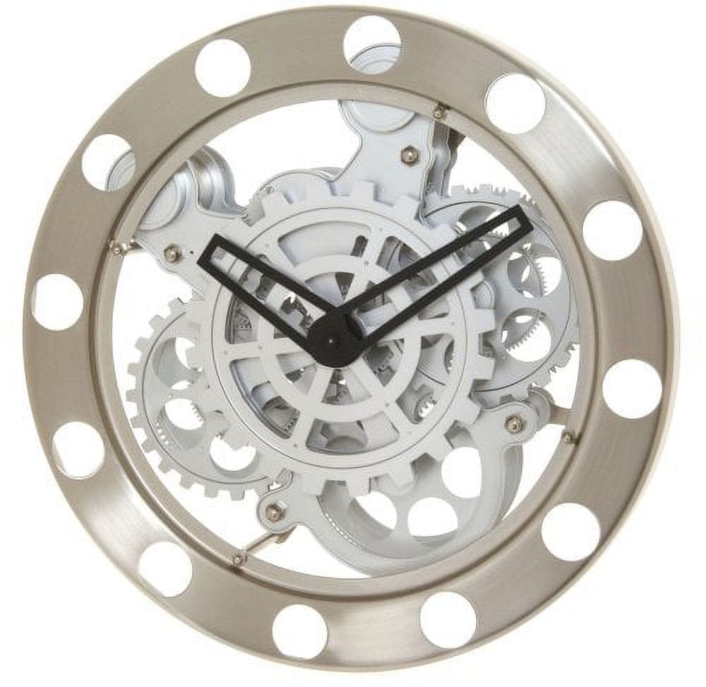 Nickel and White Gear Wall Clock with Moving Parts