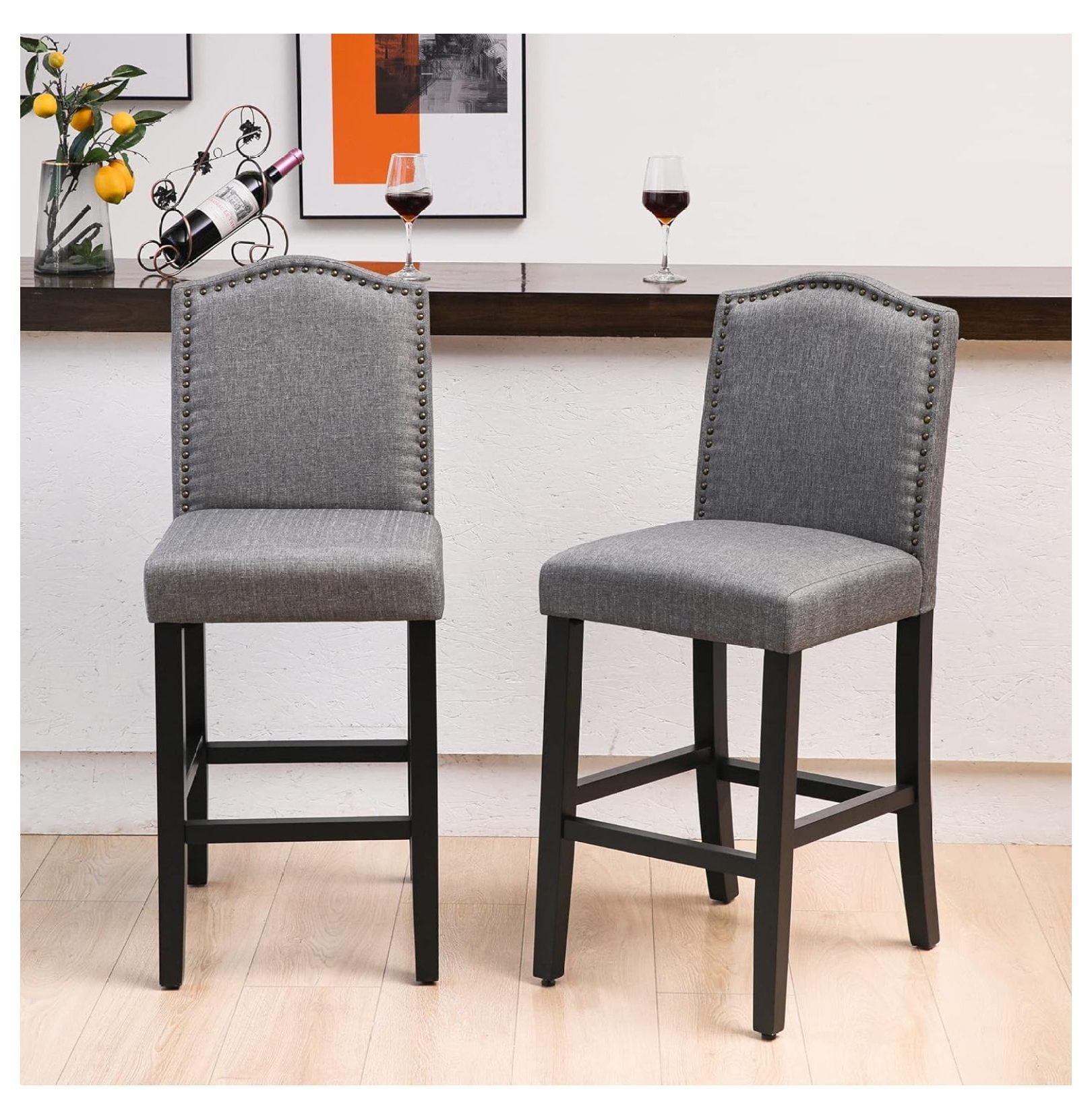 Gray Linen and Rubberwood Counter Height Bar Stools with Bronze Nail Trim, Set of 2