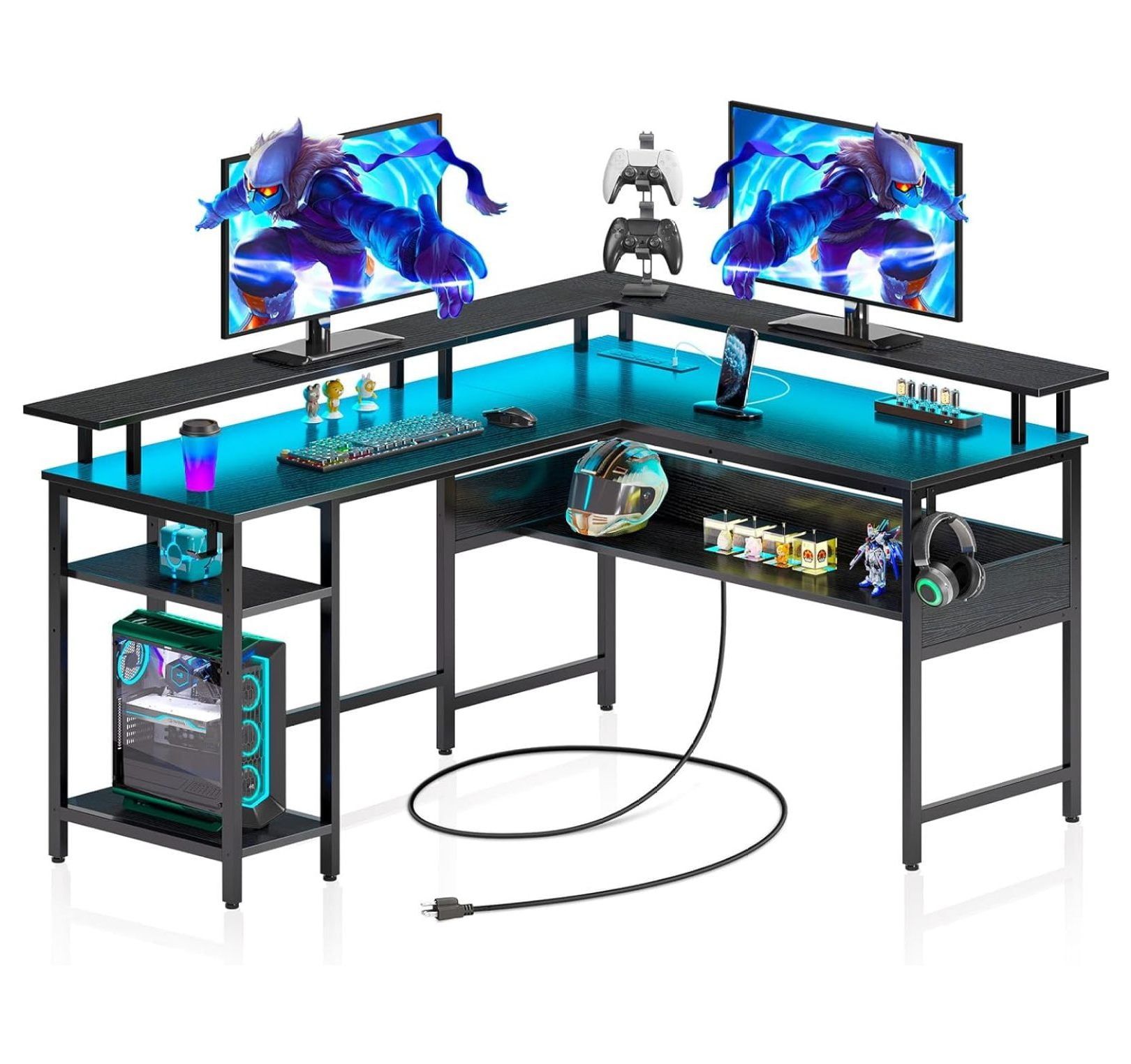 Black L-Shaped Gaming Desk with LED Lights and Storage