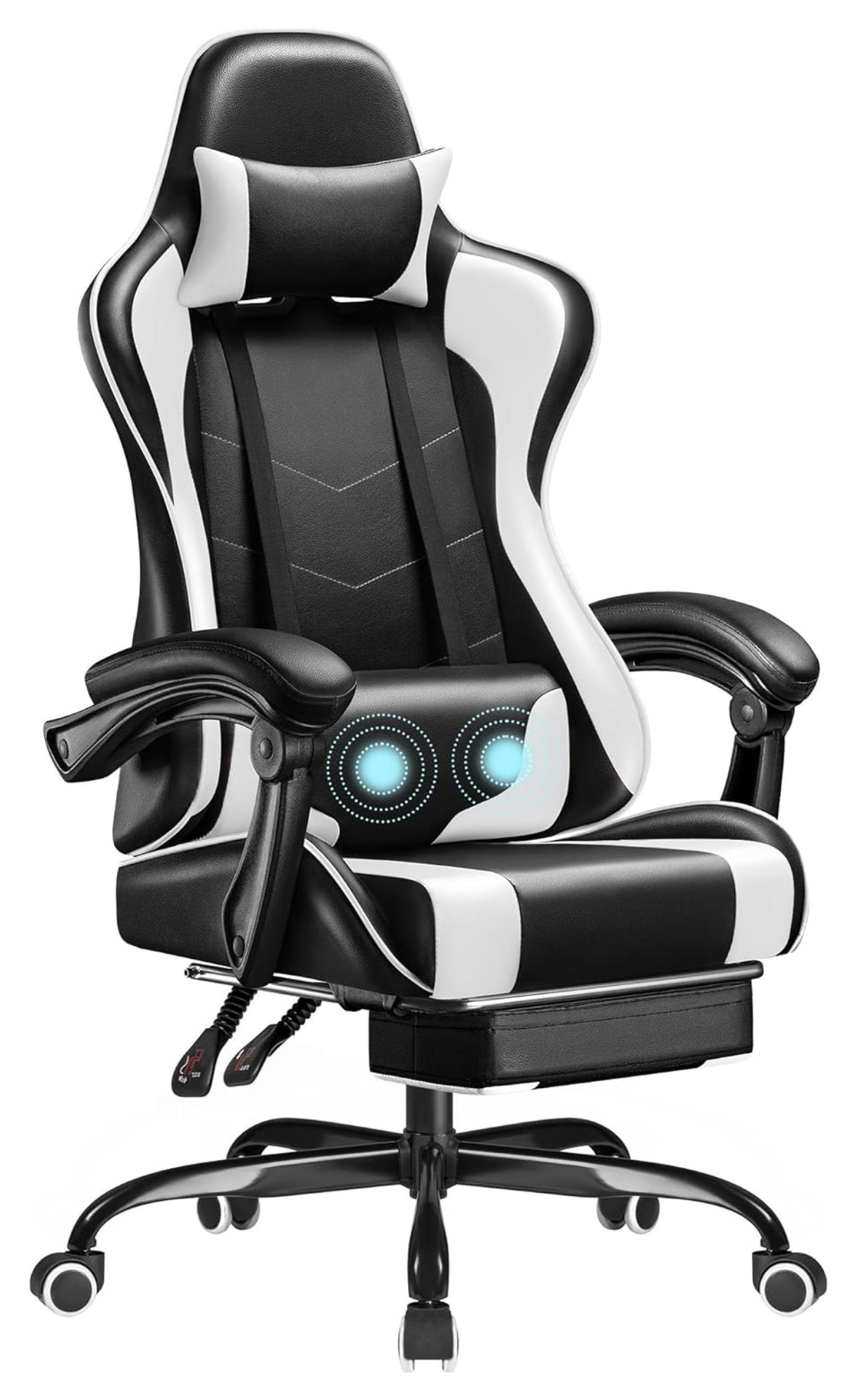 Ergonomic Black and White Gaming Chair with Massage and Footrest