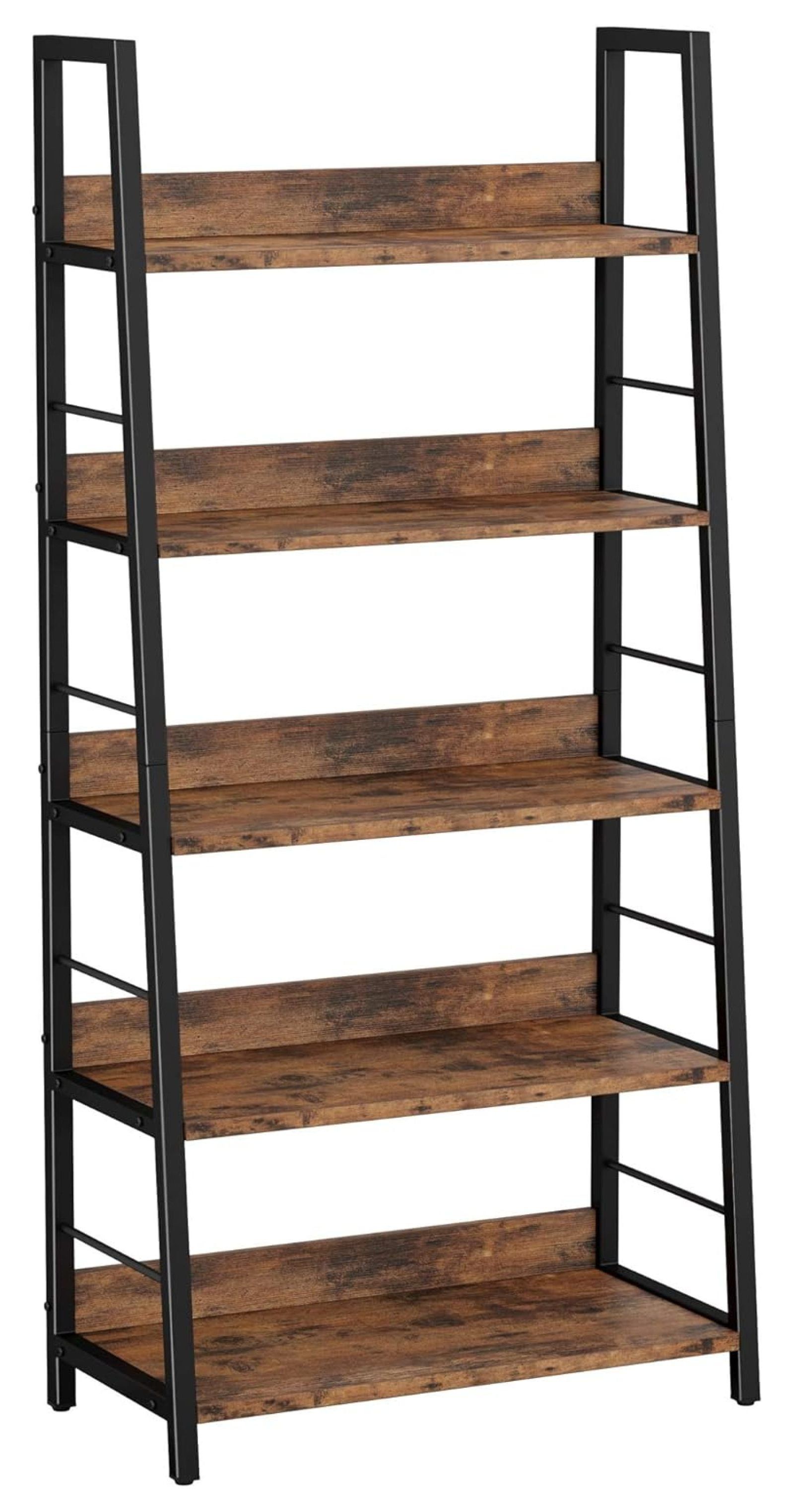 Vintage Brown 5-Tier Ladder Bookshelf with Metal Frame