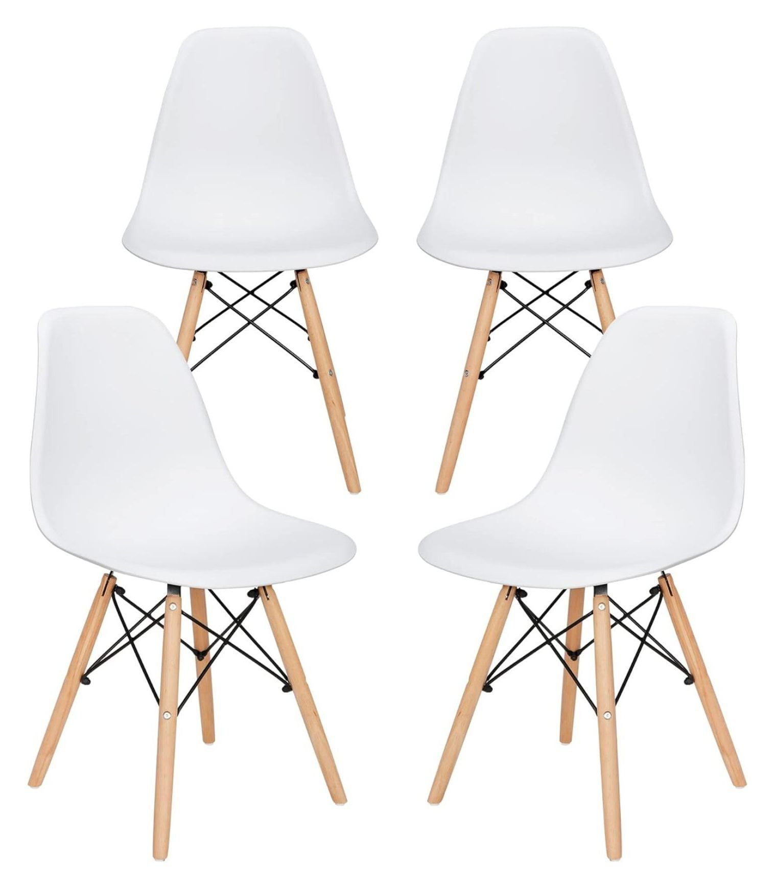 White Modern Plastic Shell Side Chairs with Wood Legs, Set of 4