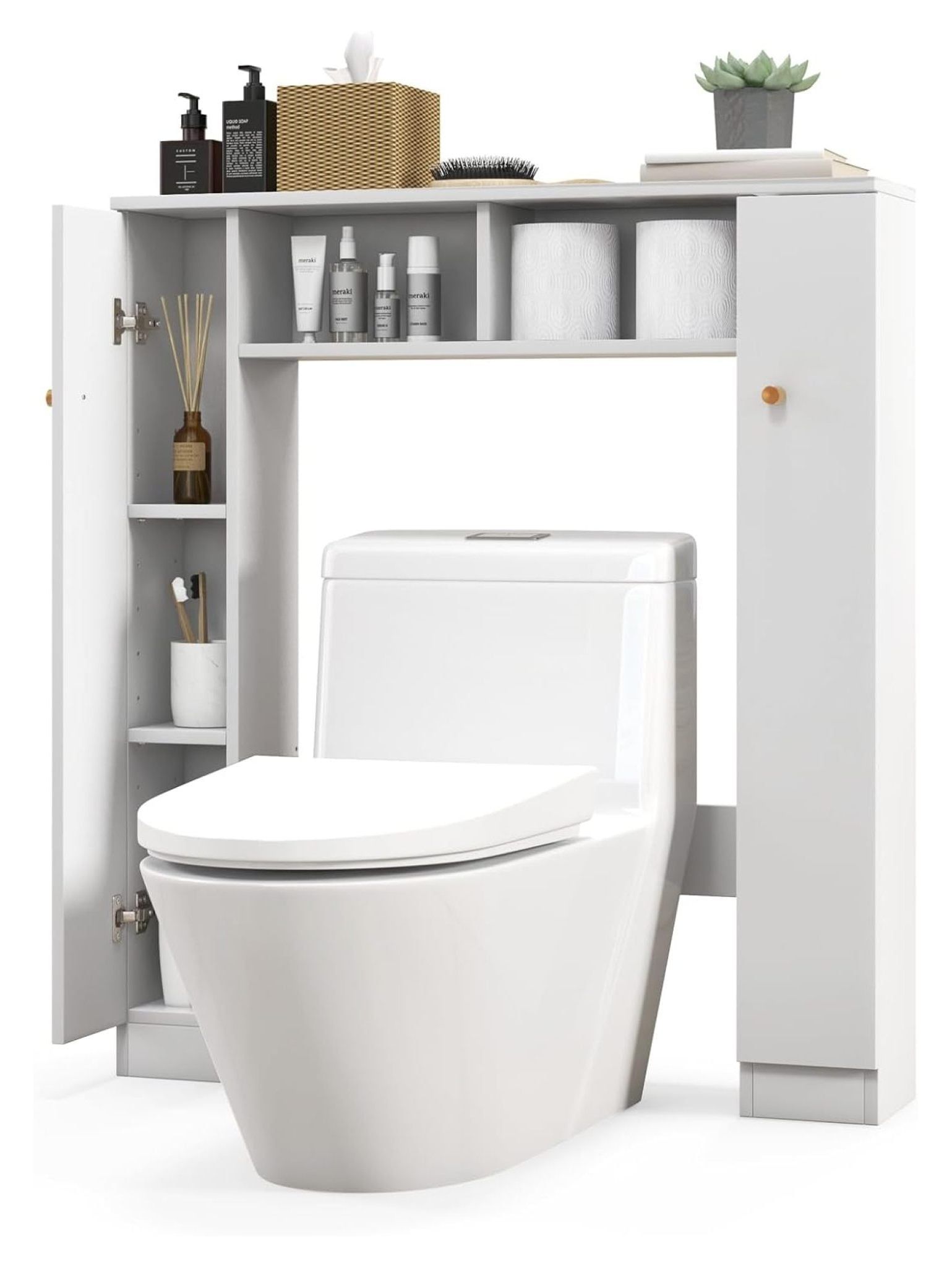 White Adjustable Over-the-Toilet Storage Cabinet with Double Doors