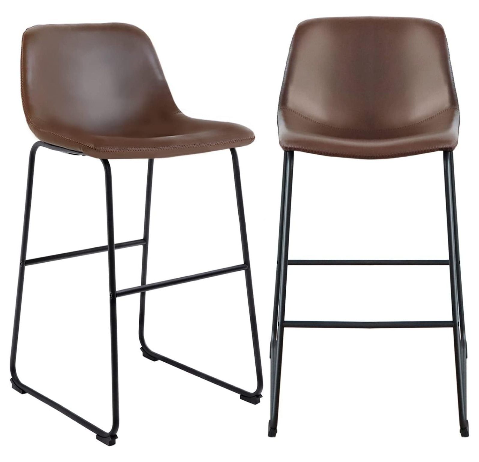 Brown Faux Leather Bar Stools with Metal Frame, Set of 2