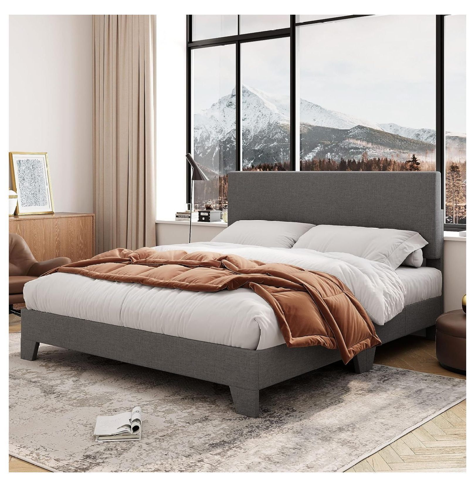 Dark Grey Queen Upholstered Linen Bed Frame with Adjustable Headboard