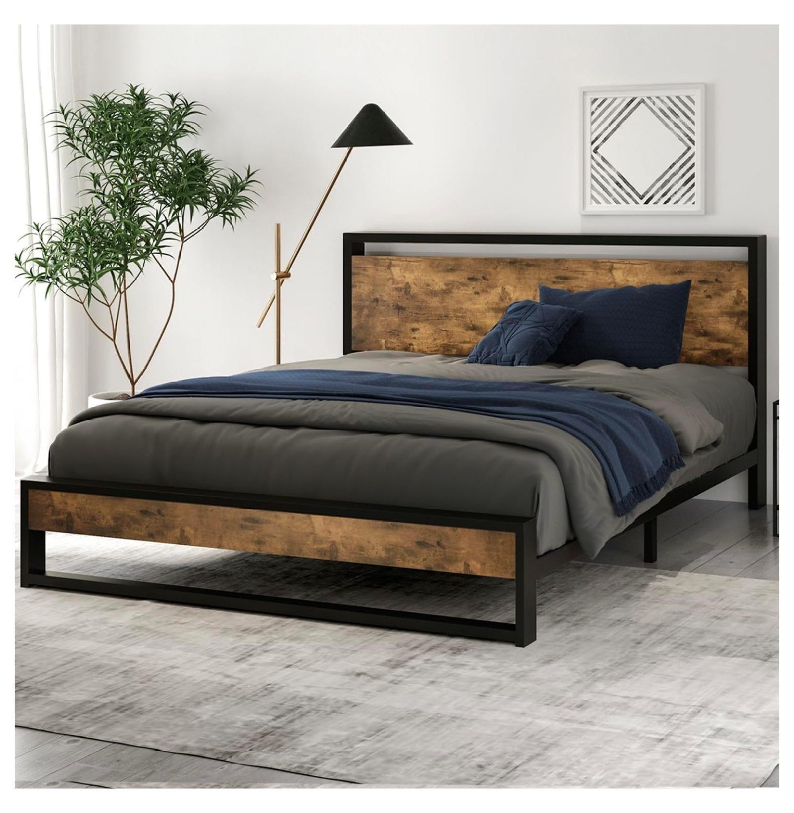 Queen Bed Frame with Rustic Brown Wood Headboard and Metal Frame