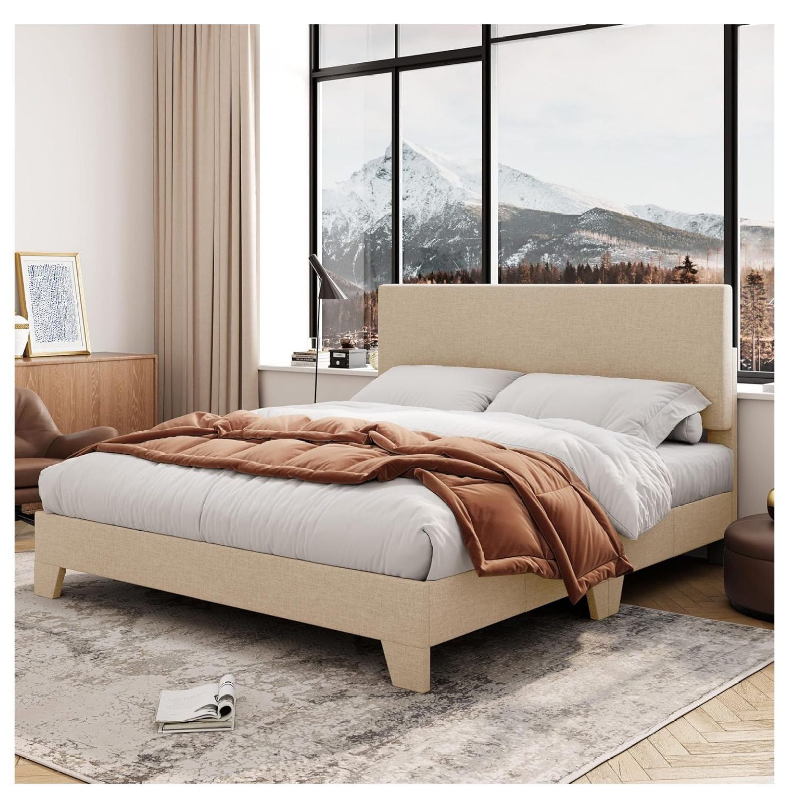 Beige Queen Upholstered Linen Bed Frame with Adjustable Headboard