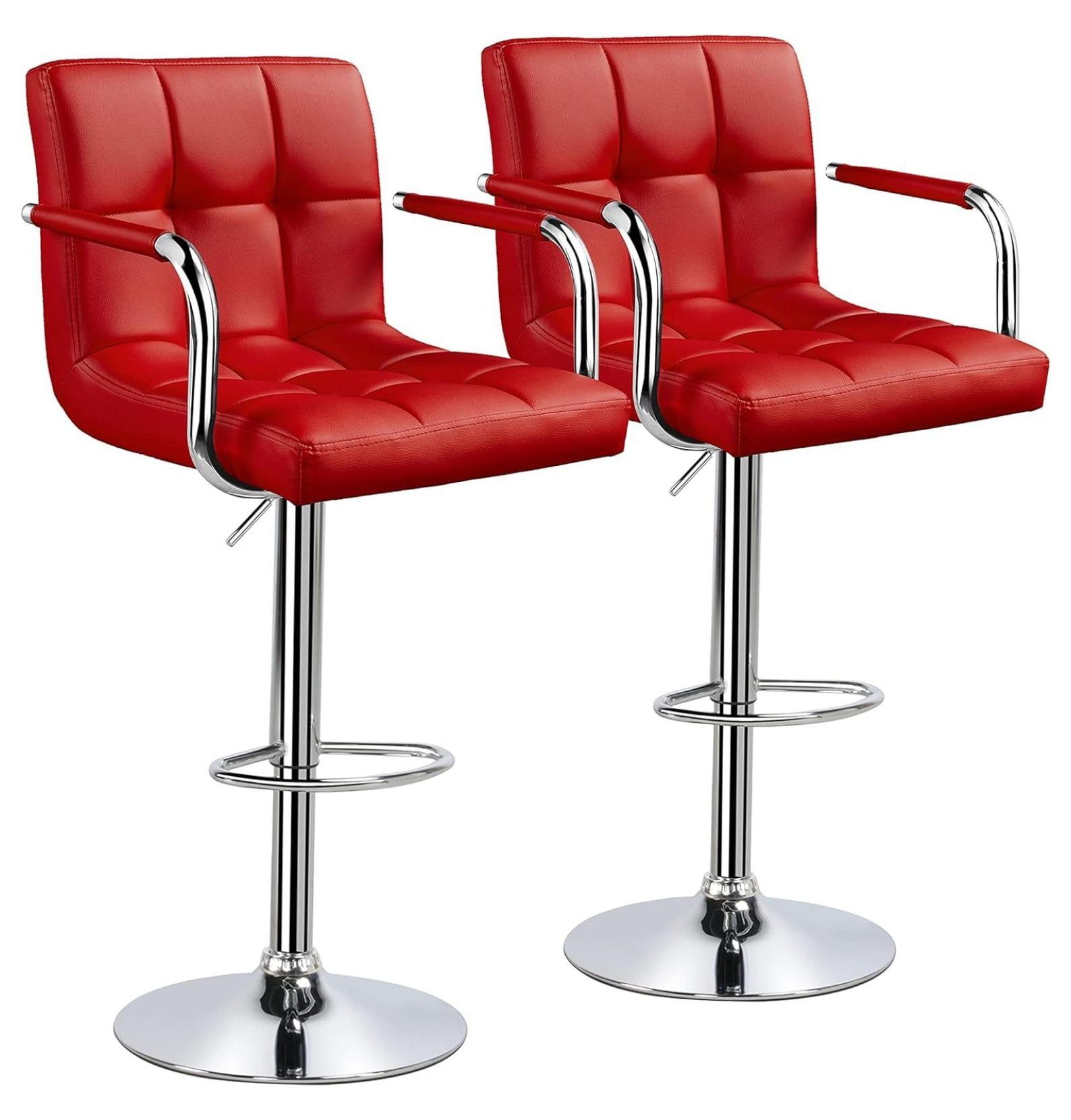 Red Adjustable Swivel Faux Leather Bar Stools with Chrome Base, Set of 2