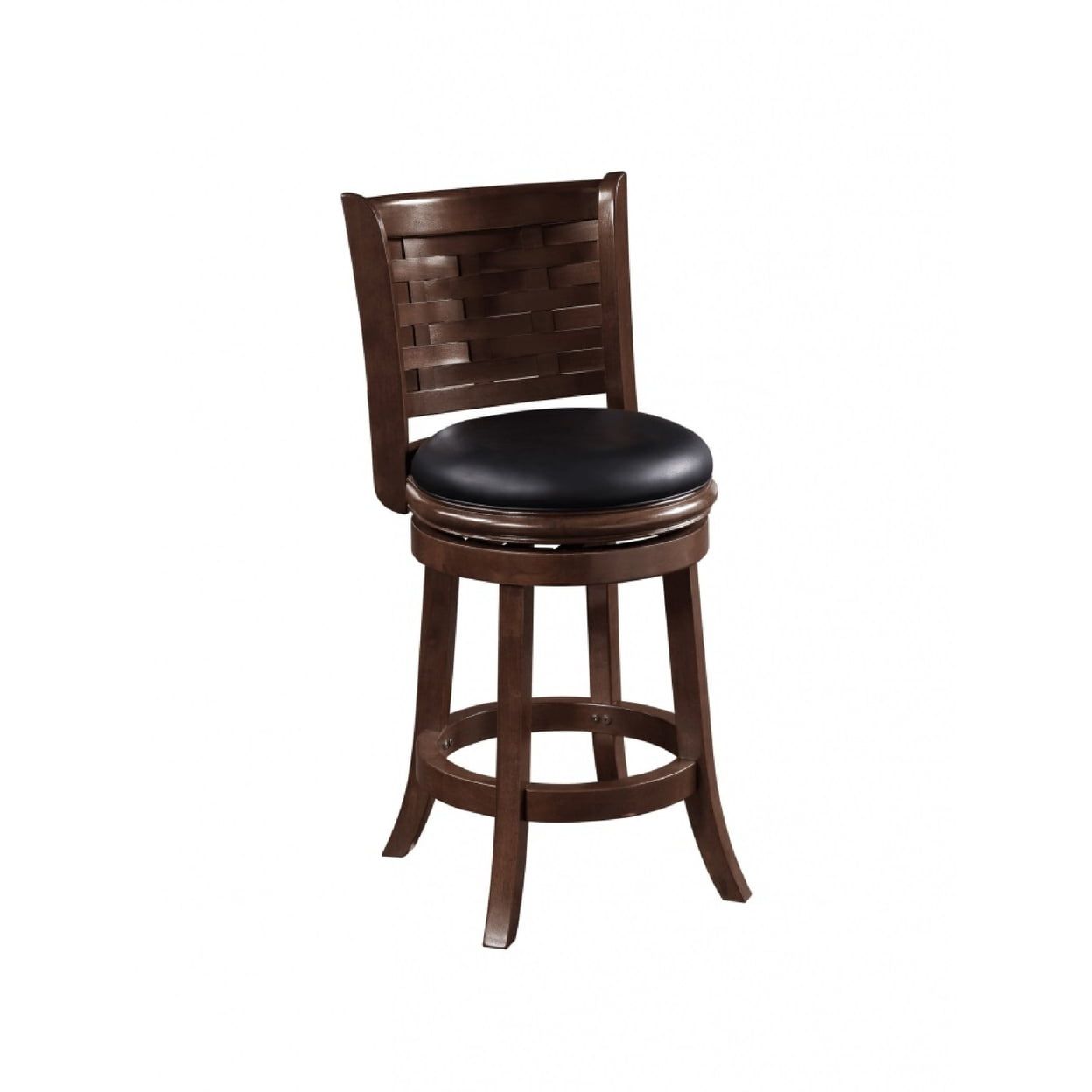 Artisanal Black Leather Swivel Counter Stool with Wood Basket Woven Backrest