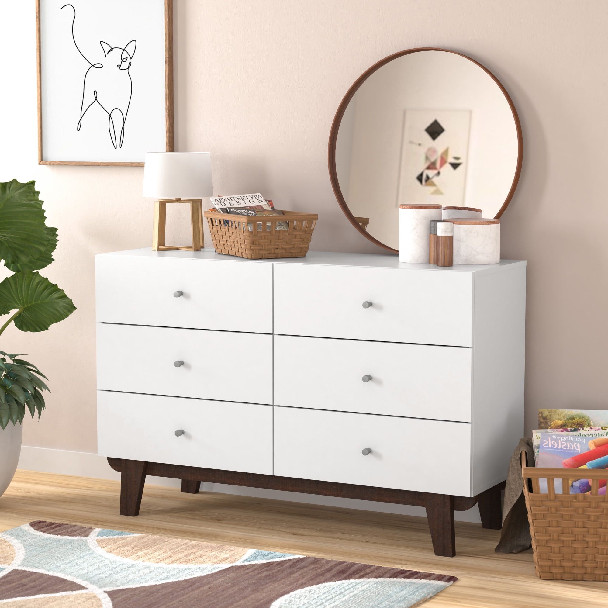 Matte White Mid-Century Modern 6-Drawer Dresser