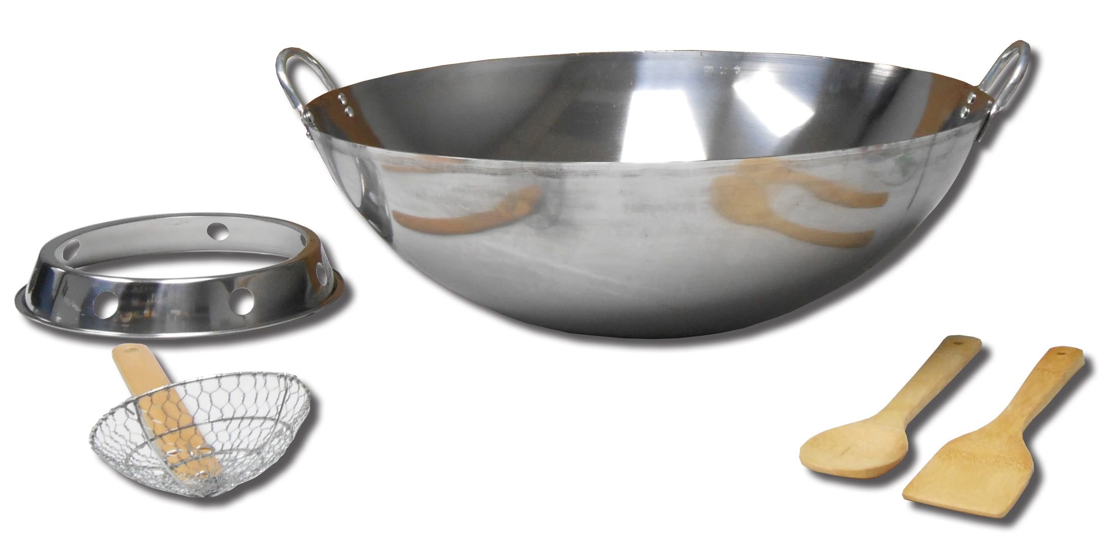 22-Inch Stainless Steel Wok with Wooden Utensils and Ring