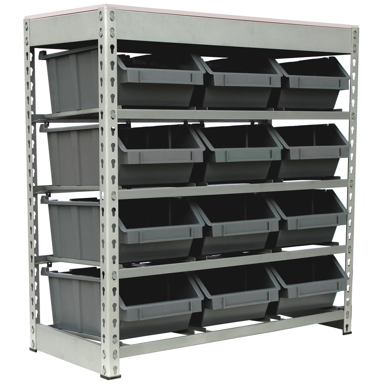 Gray 4-Tier Metal Organizer Shelving Rack with 12 Bins