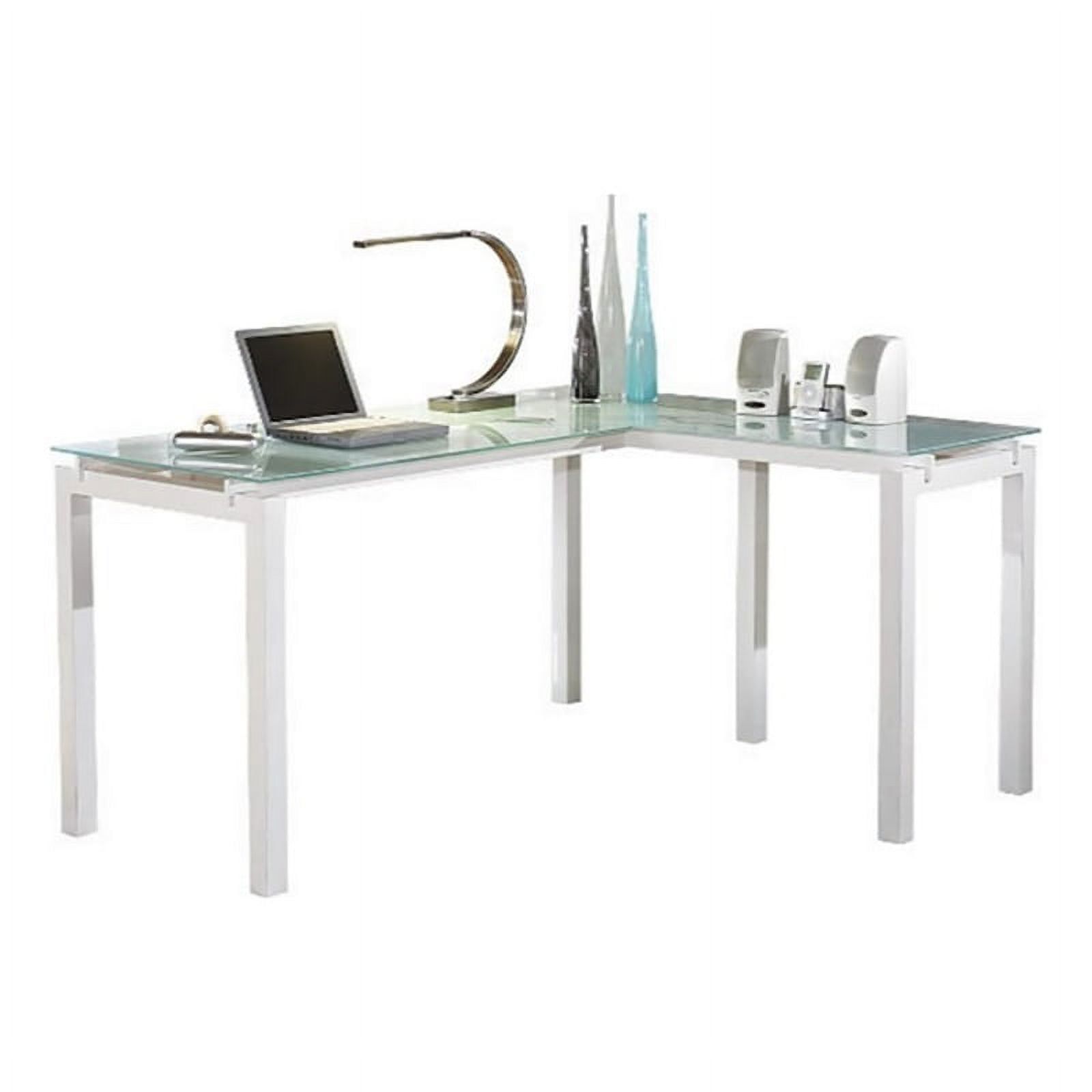 Modern White Corner Home Office Desk with Glass Top and Drawer