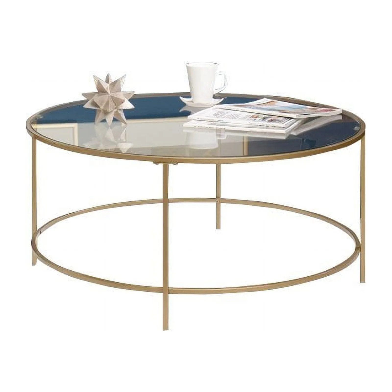 Luxurious Satin Gold 38" Round Coffee Table with Glass Top