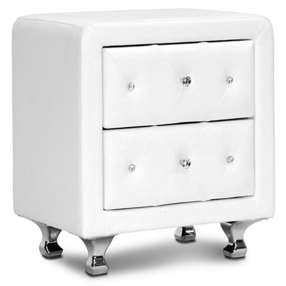 White Faux Leather Crystal Tufted 2-Drawer Nightstand