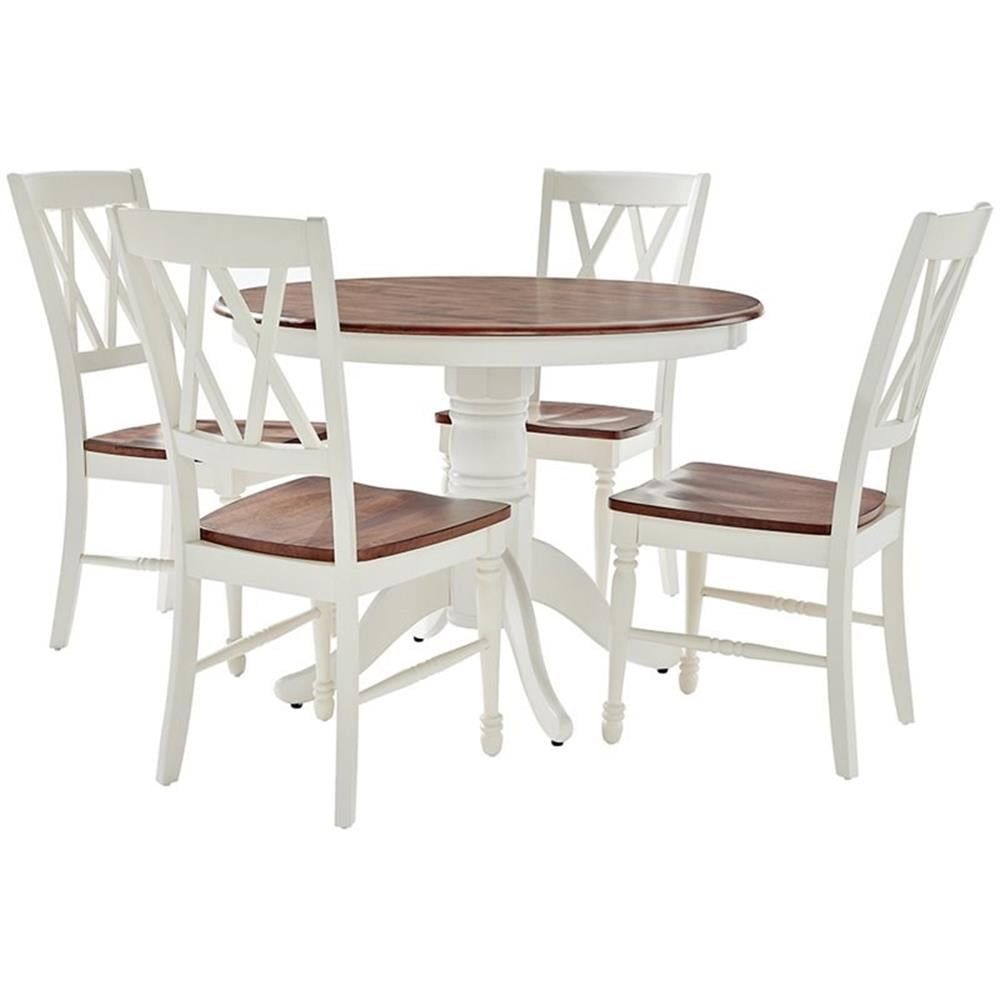 Distressed White and Brown 5-Piece Round Pedestal Dining Set