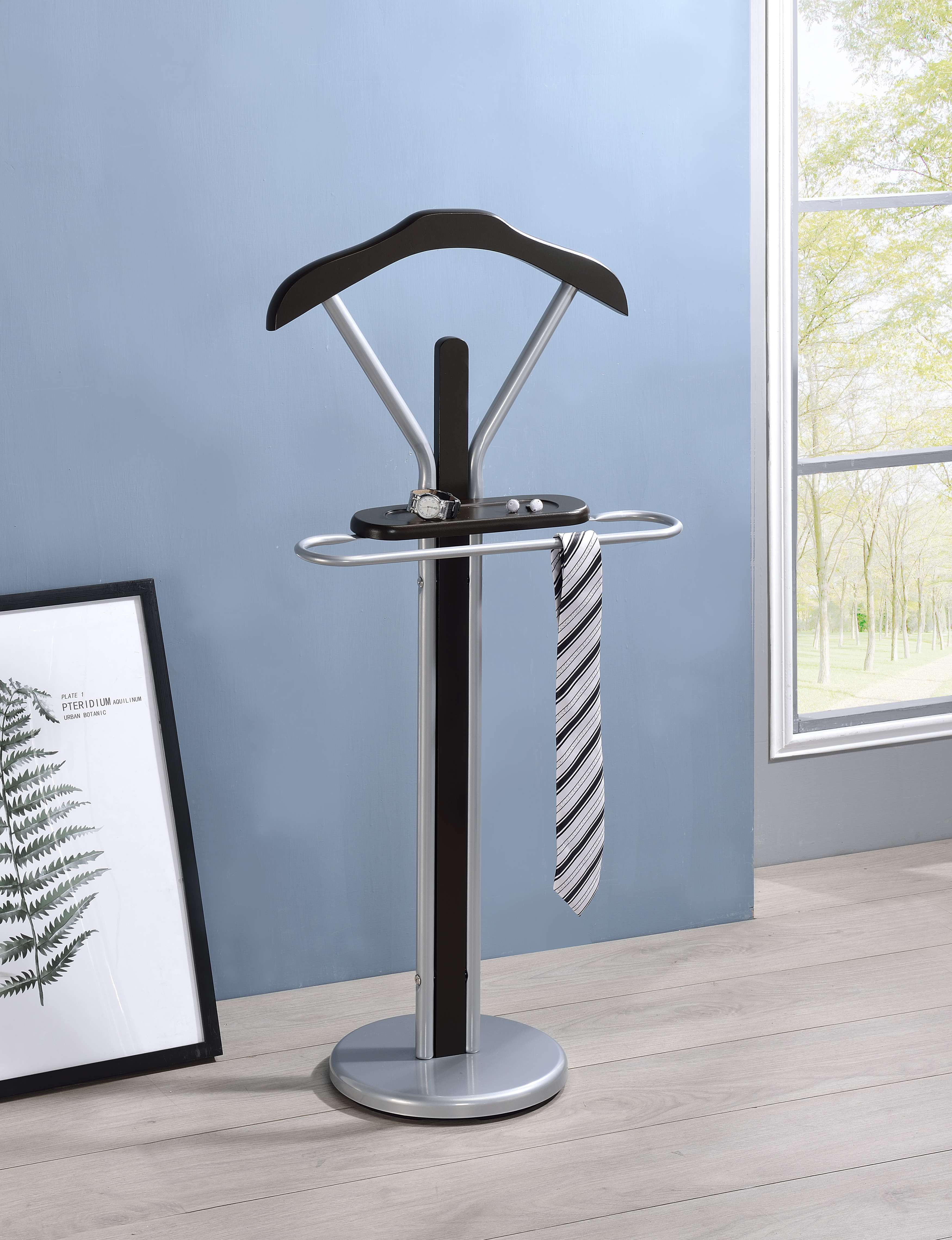 Walnut and Metal Suit Valet Stand with Hanger and Tray