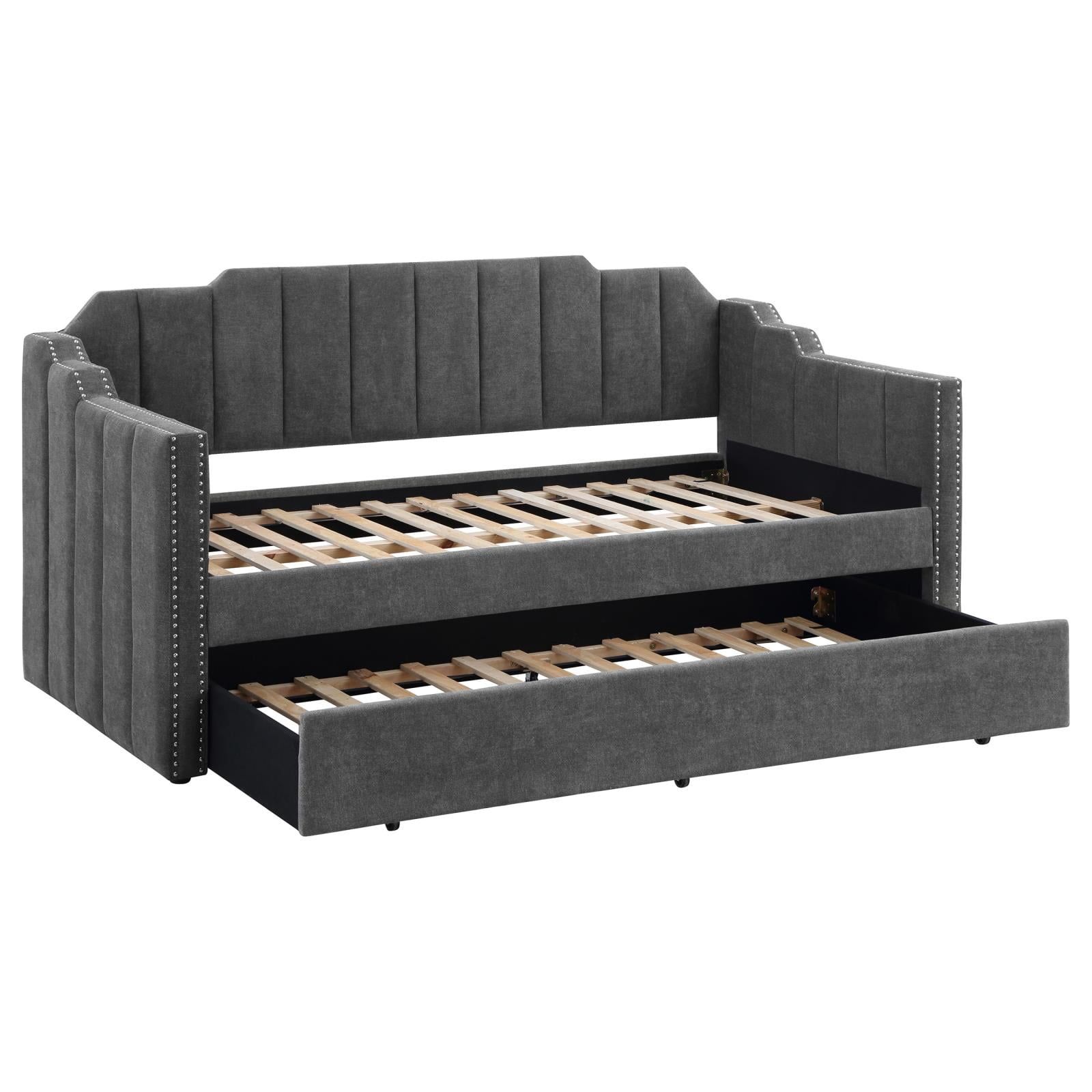 Gray Velvet Twin Daybed with Trundle and Nailhead Trim