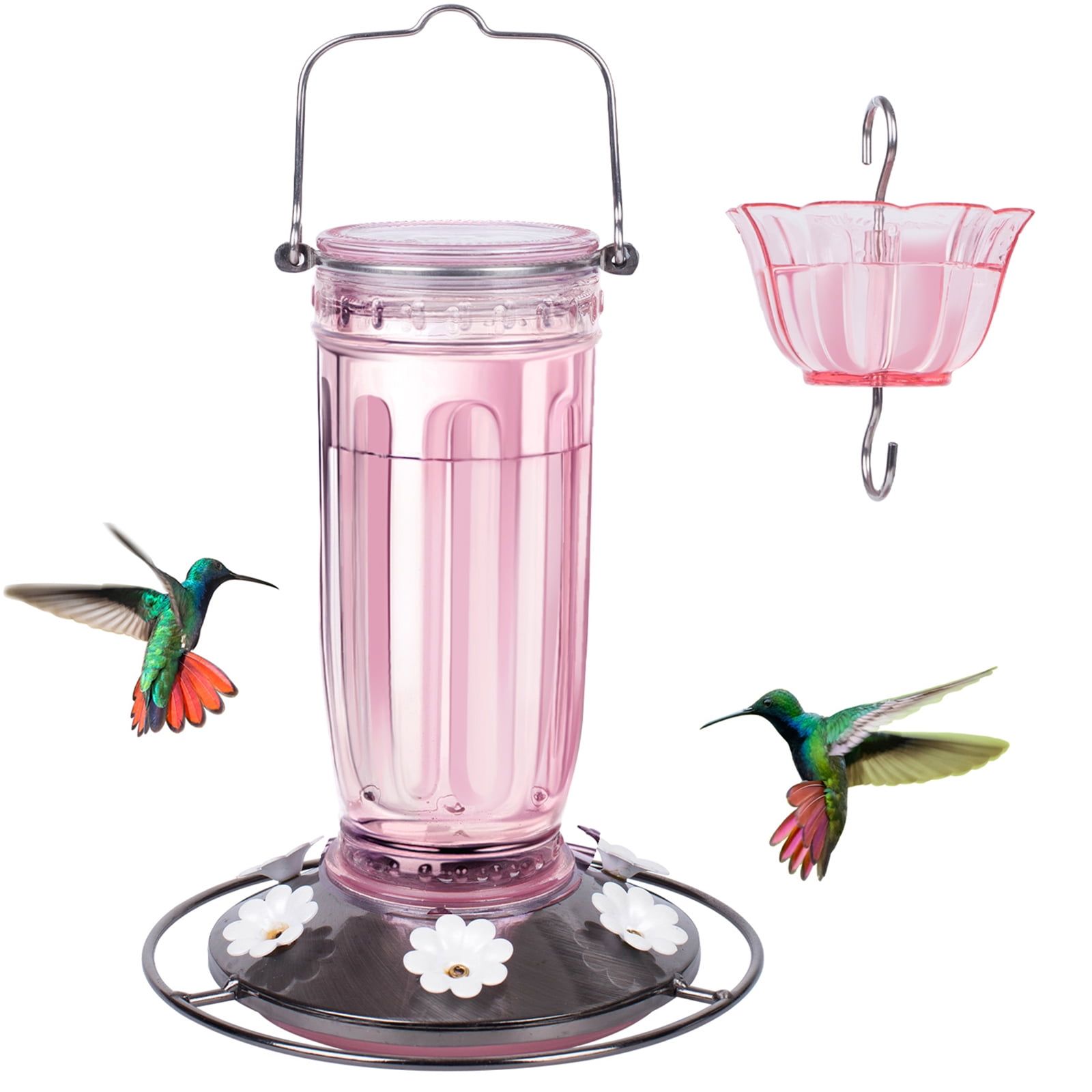 Pink Glass Hummingbird Feeder with Ant Moat and 6 Ports