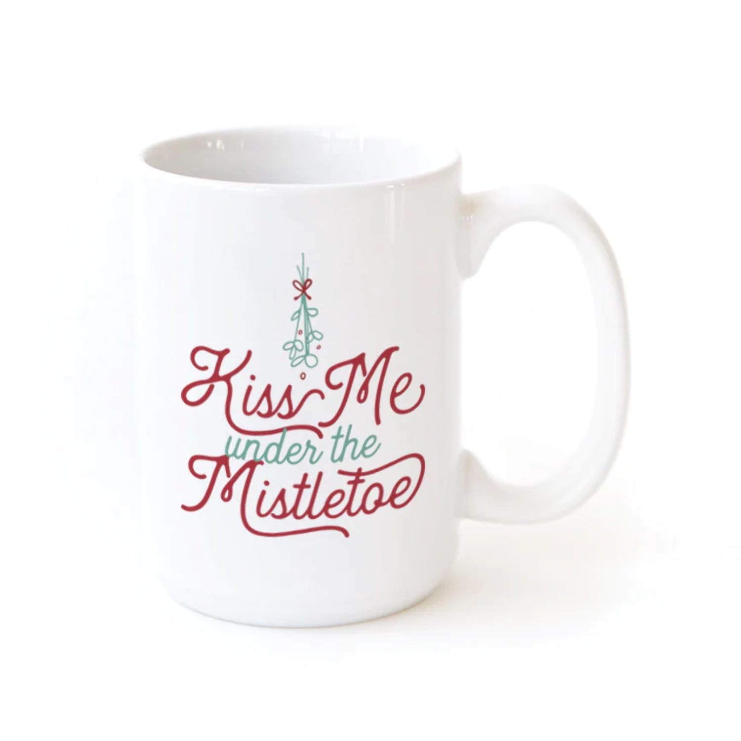 White Ceramic Christmas Mug with Mistletoe Design, 15 oz