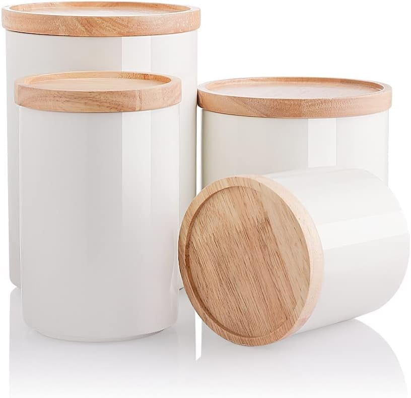 White Ceramic Stackable Canister Set with Wooden Lids, 4-Piece