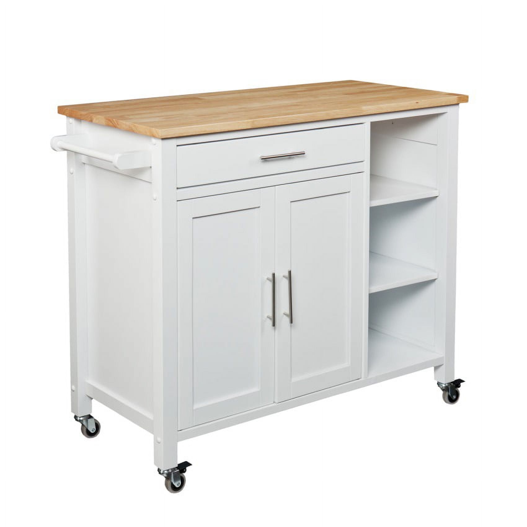 White and Natural Butcher Block Kitchen Cart with Storage