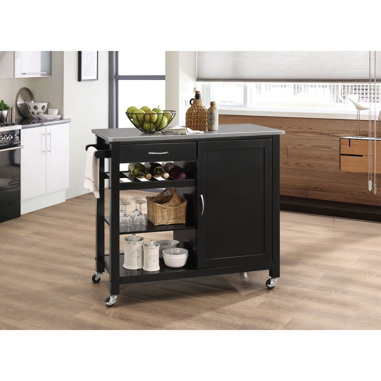 Sophisticated Stainless Steel Kitchen Cart with Wine Rack and Storage