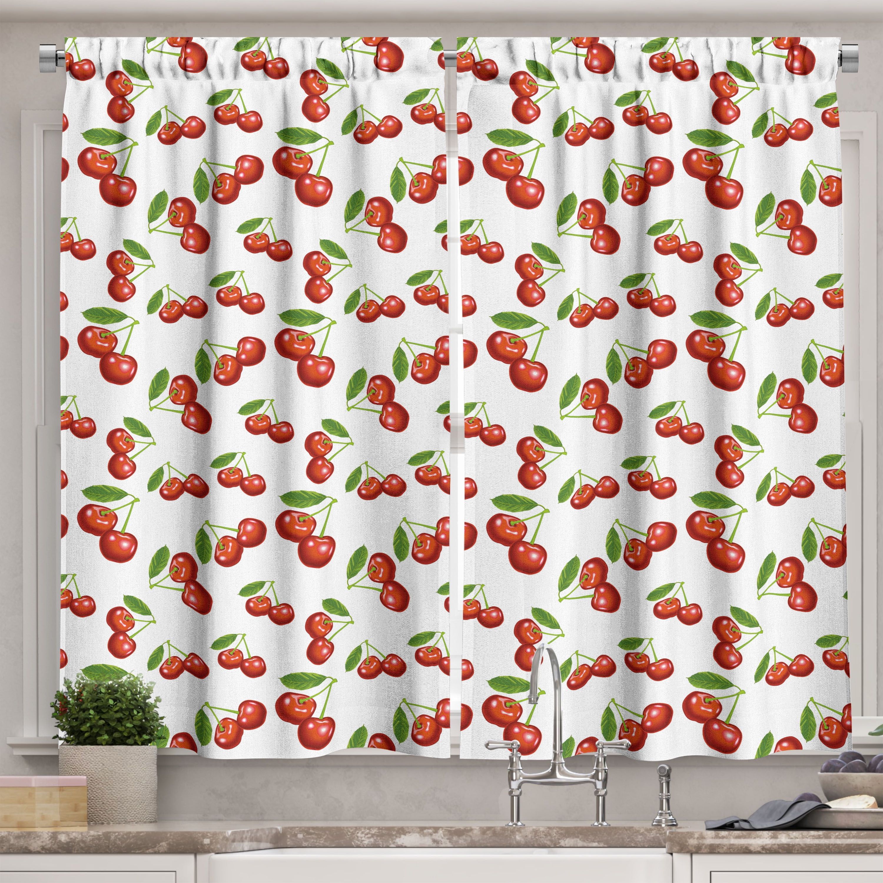 Cherry Pattern Light-Filtering White Polyester Kitchen Curtains