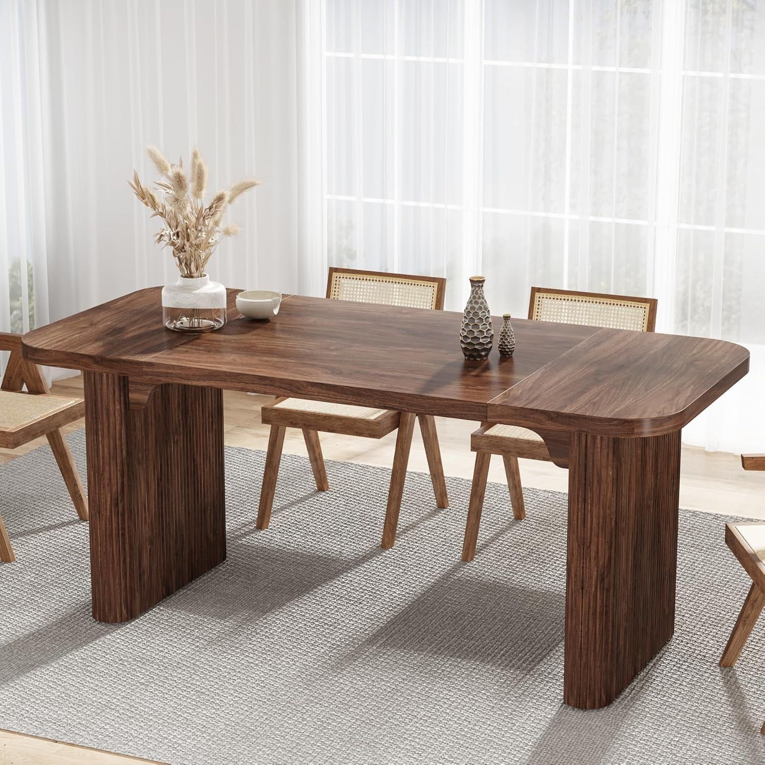 Rustic Brown Rectangular Wood Dining Table for 6 with Double Pedestal