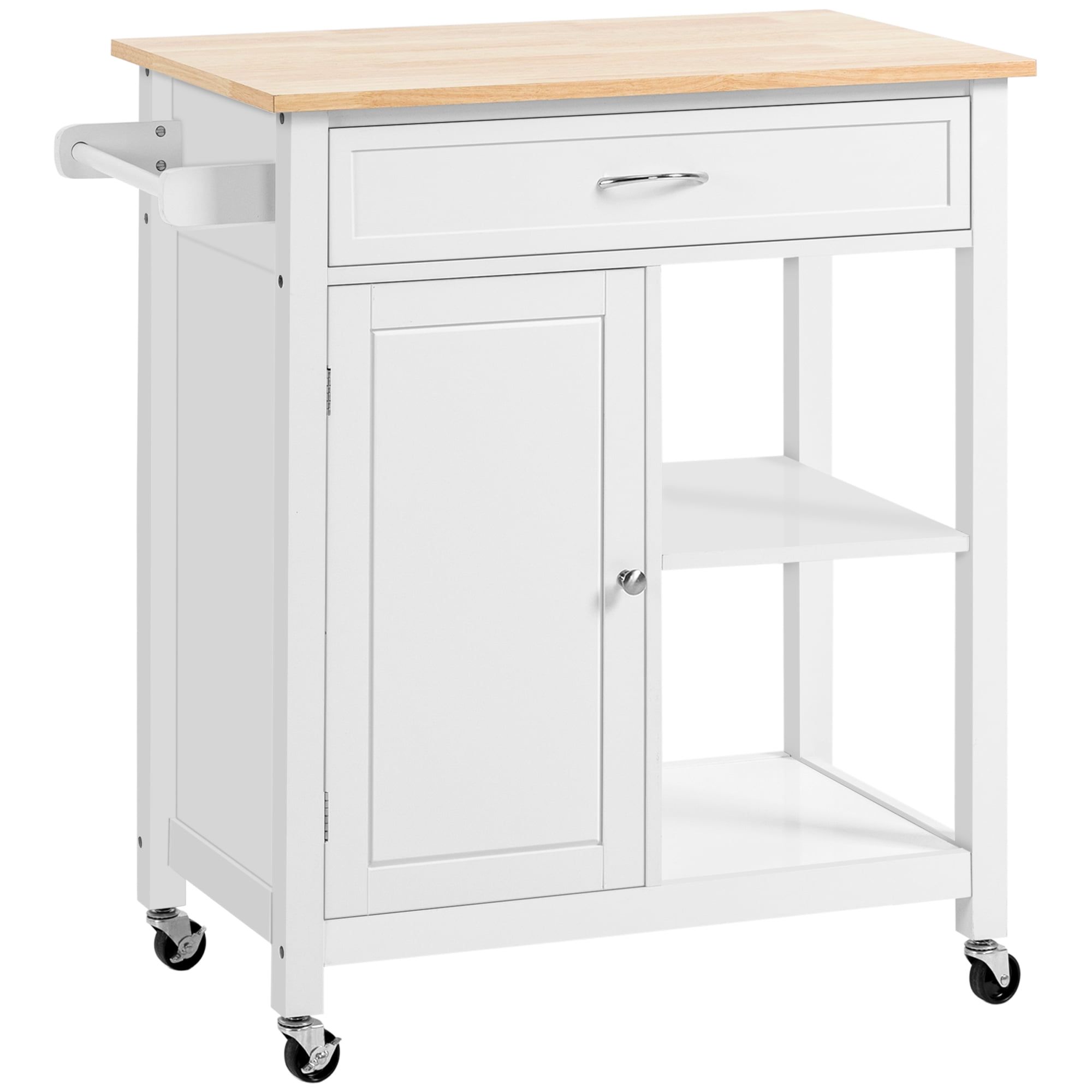 White Rolling Kitchen Island Cart with Solid Wood Top and Storage