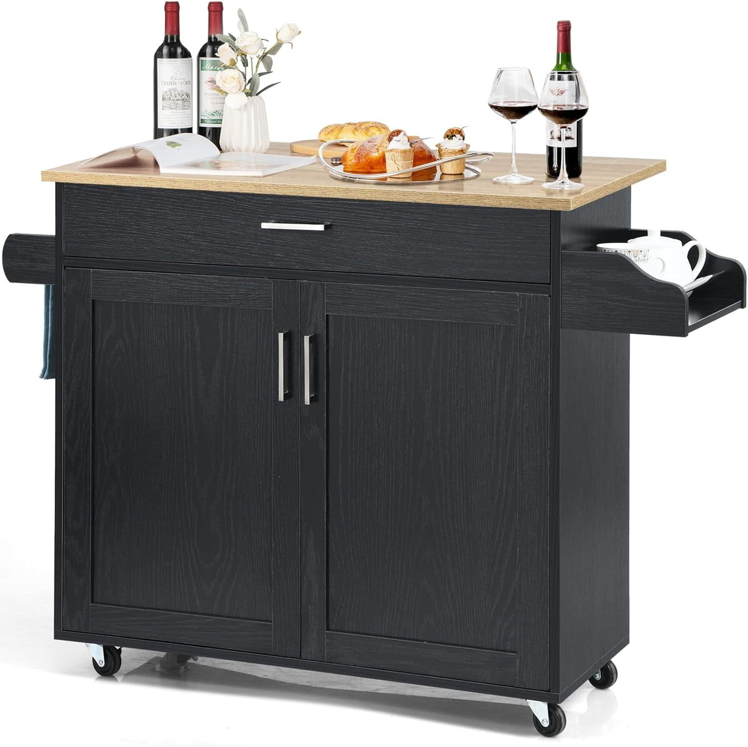 Black Fir Wood Rolling Kitchen Cart with Spice Rack and Storage