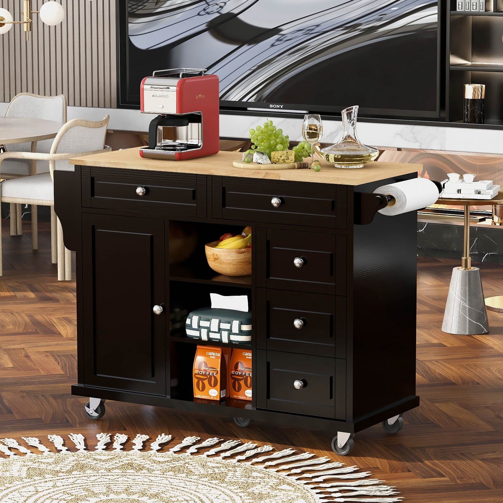 Black Rolling Kitchen Island Cart with Rubber Wood Top and Storage