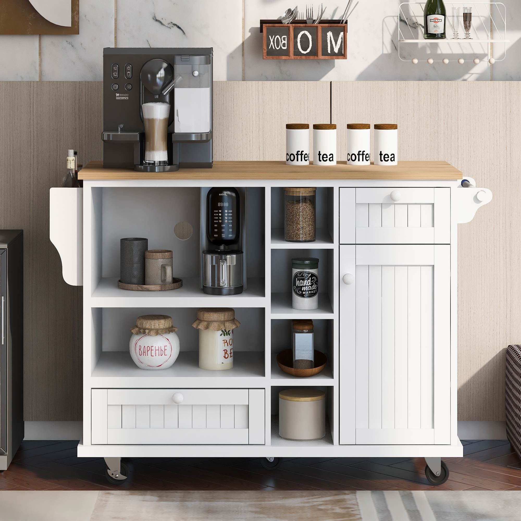 White Wood Kitchen Cart with Spice Rack and Storage